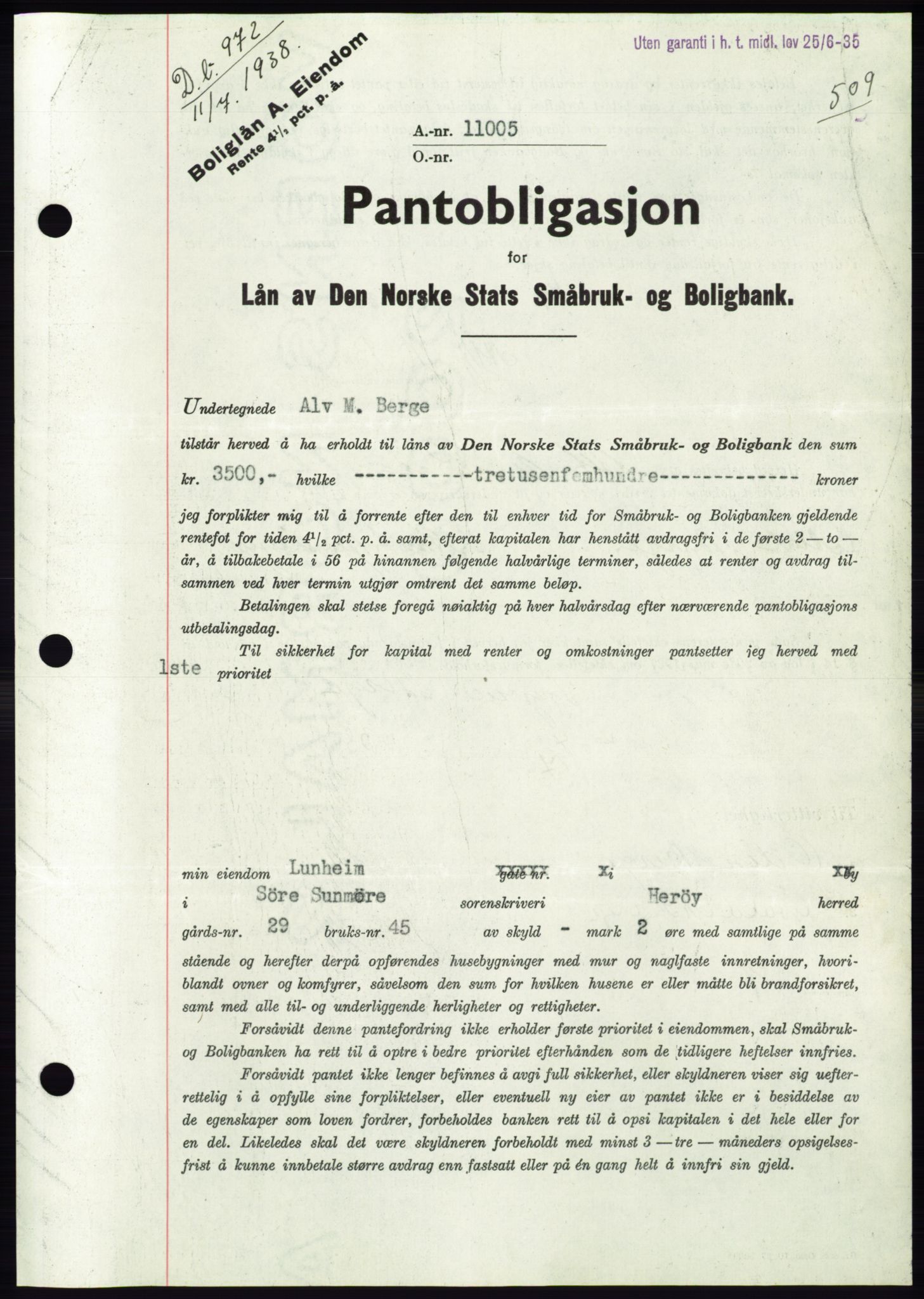 Søre Sunnmøre sorenskriveri, AV/SAT-A-4122/1/2/2C/L0065: Mortgage book no. 59, 1938-1938, Diary no: : 972/1938