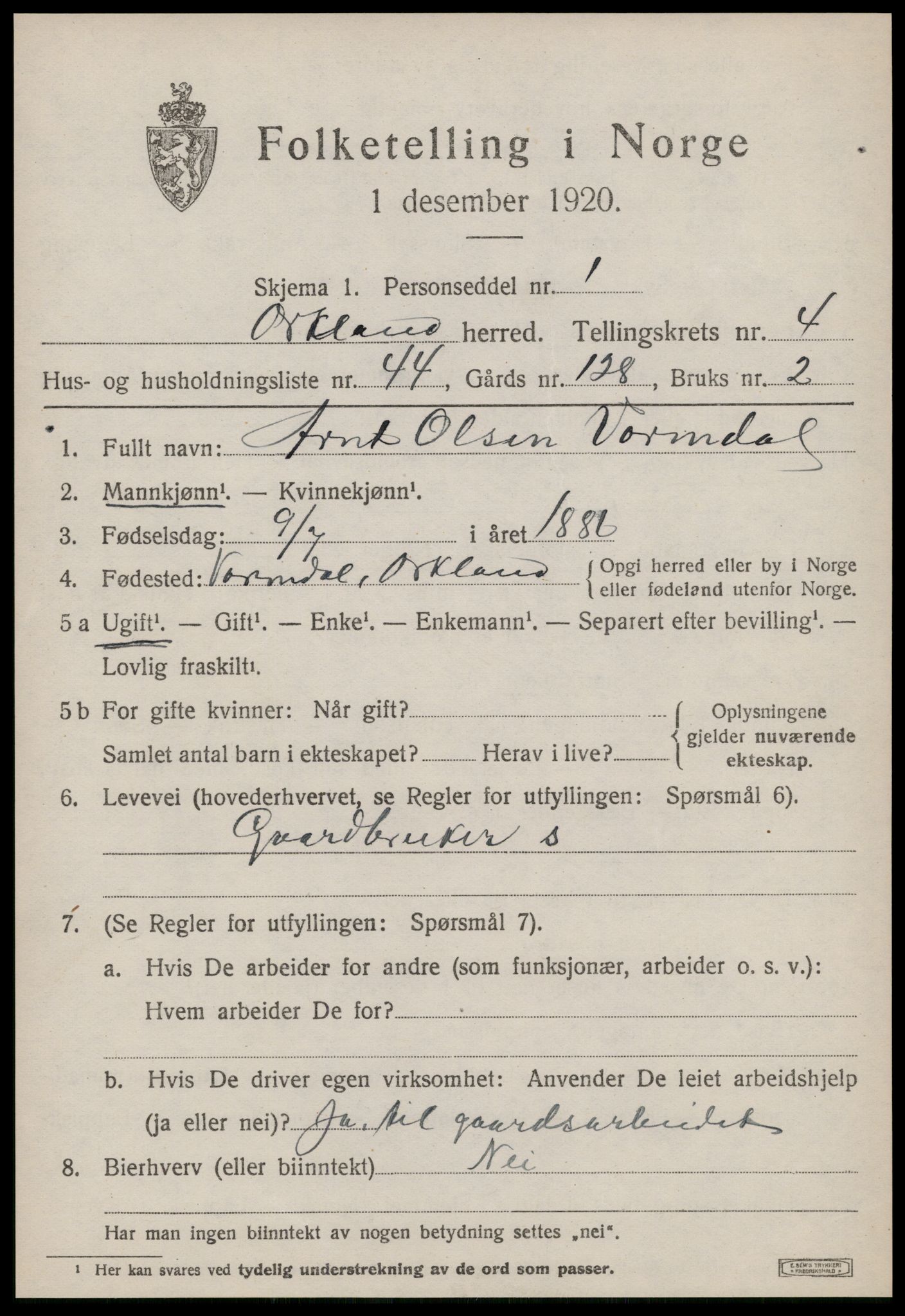 SAT, 1920 census for Orkland, 1920, p. 3800