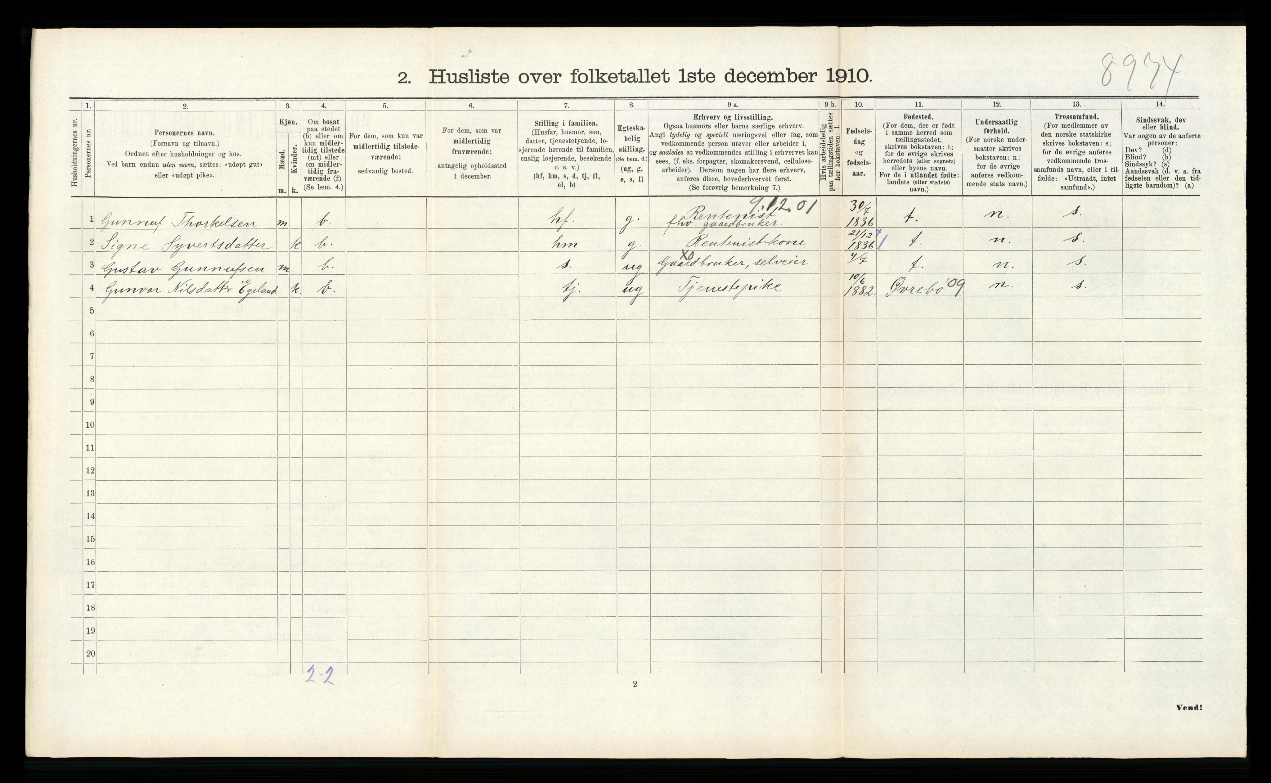 RA, 1910 census for Vennesla, 1910, p. 589