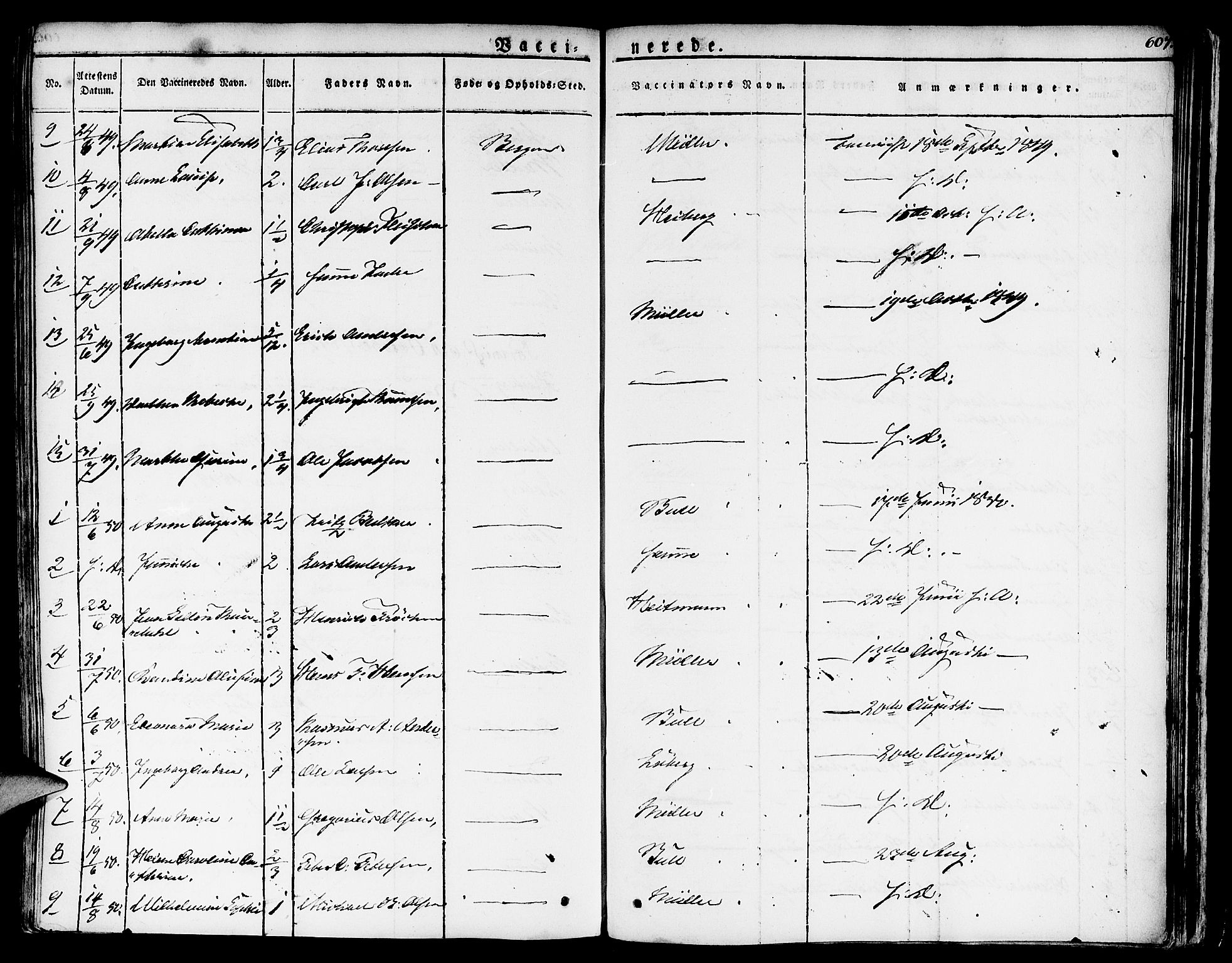 Nykirken Sokneprestembete, AV/SAB-A-77101/H/Haa/L0012: Parish register (official) no. A 12, 1821-1844, p. 607