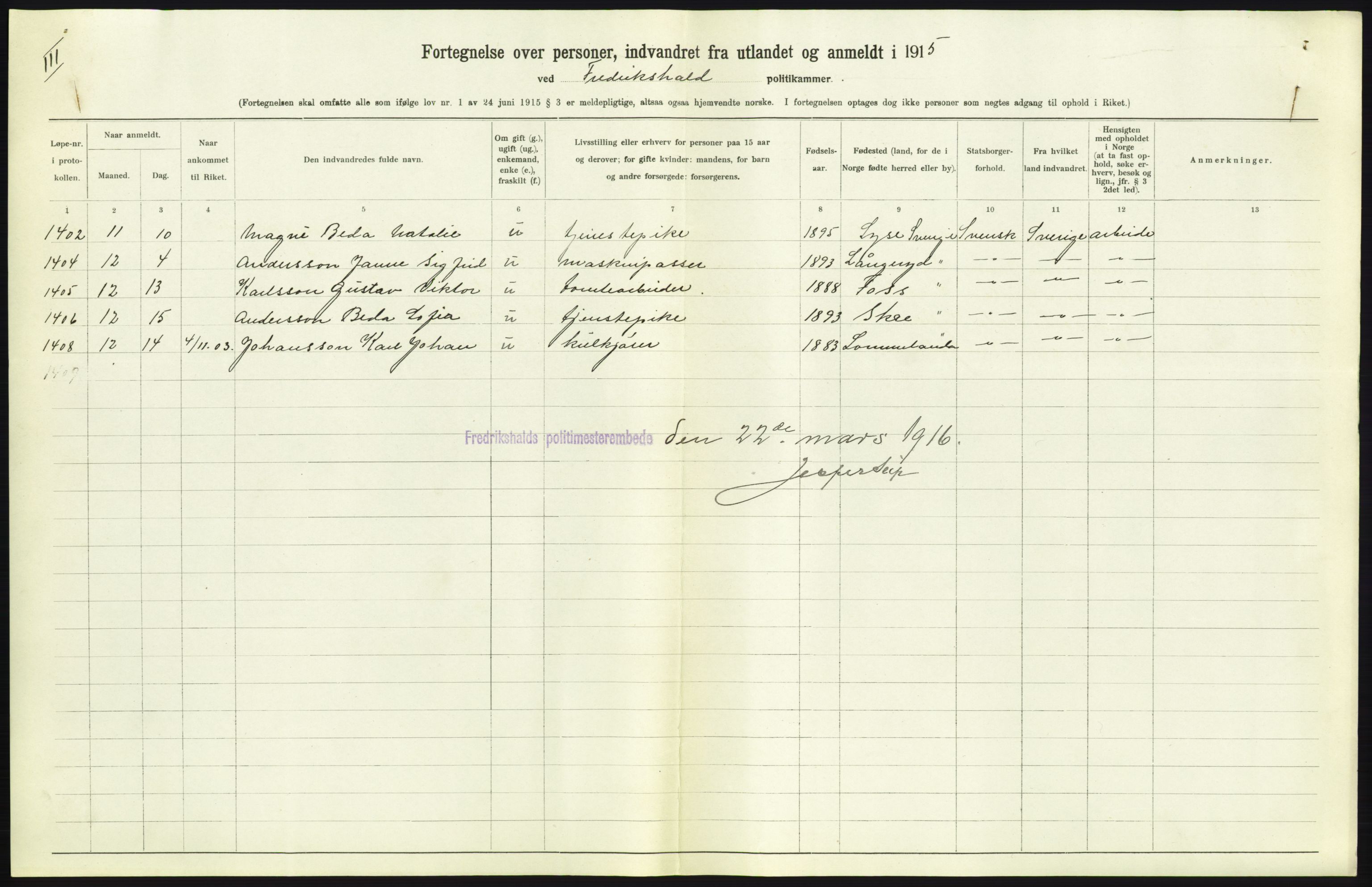 Statistisk sentralbyrå, Sosioøkonomiske emner, Folketellinger, boliger og boforhold, AV/RA-S-2231/F/Fa/L0001: Innvandring. Navn/fylkesvis, 1915, p. 135