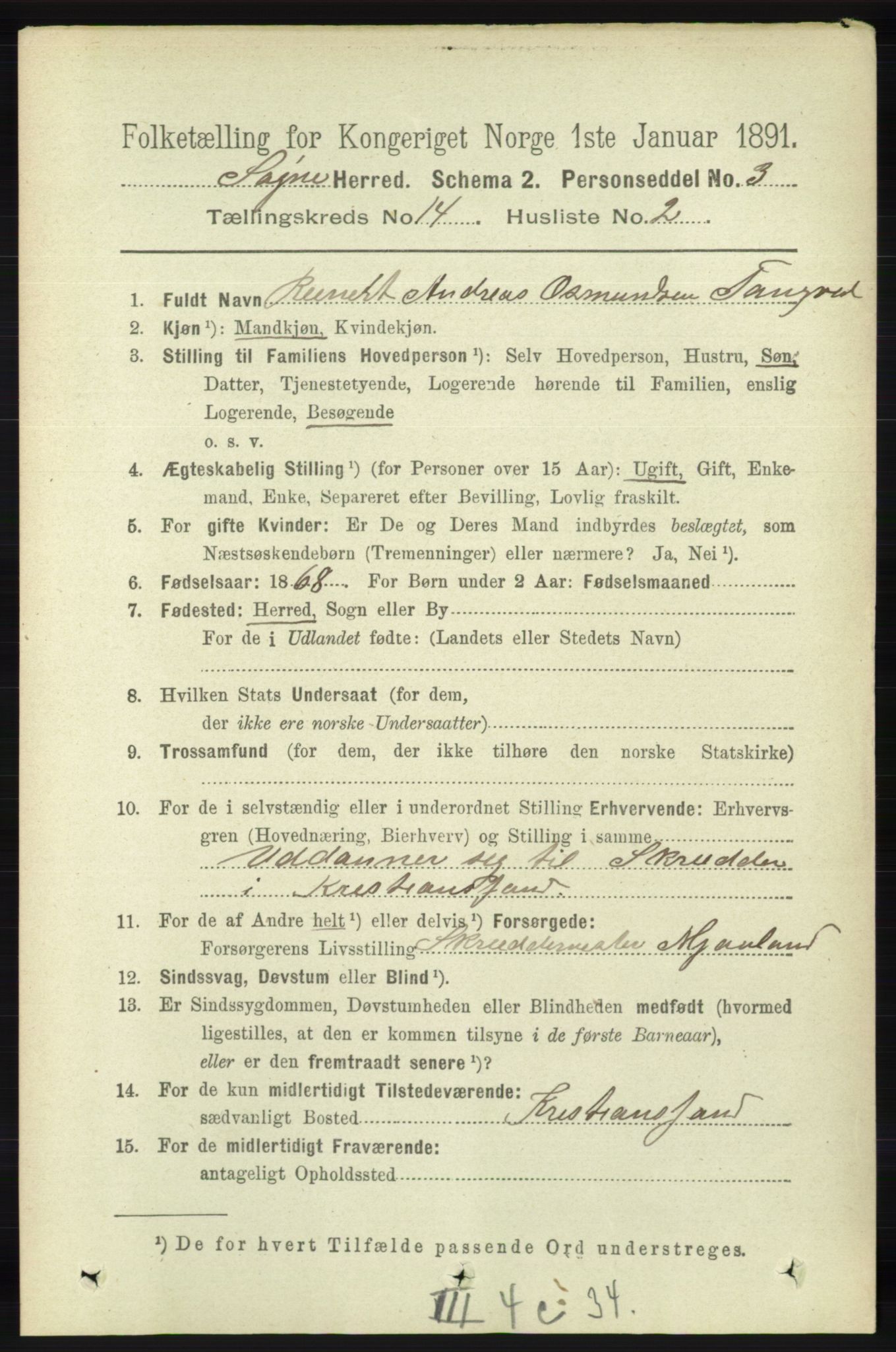 RA, 1891 census for 1018 Søgne, 1891, p. 3412