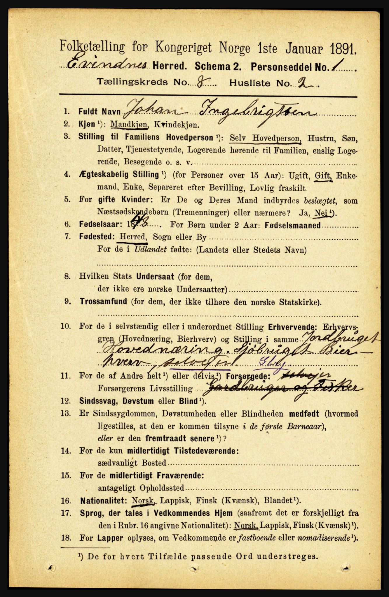 RA, 1891 census for 1853 Evenes, 1891, p. 2518