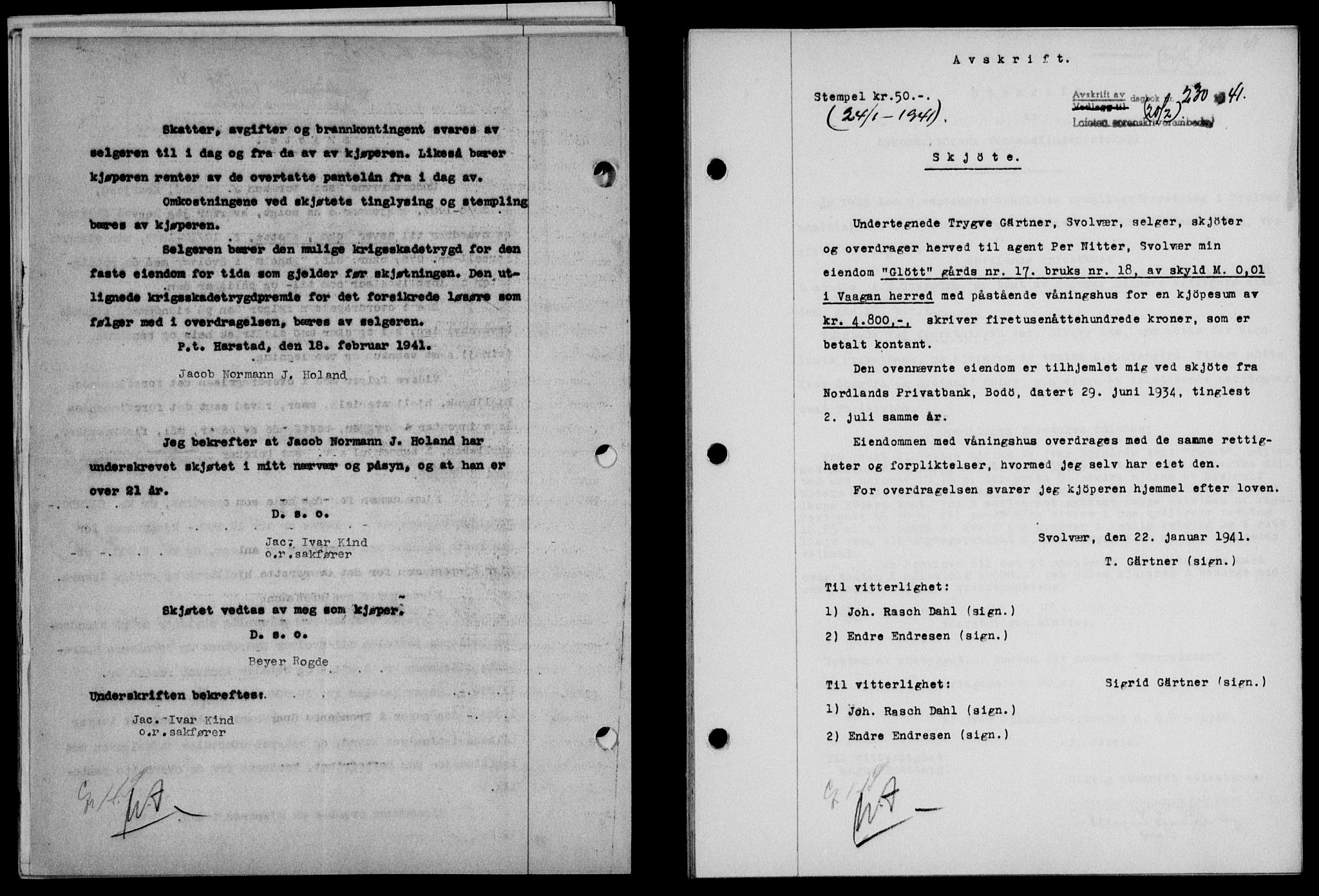 Lofoten sorenskriveri, SAT/A-0017/1/2/2C/L0008a: Mortgage book no. 8a, 1940-1941, Diary no: : 230/1941