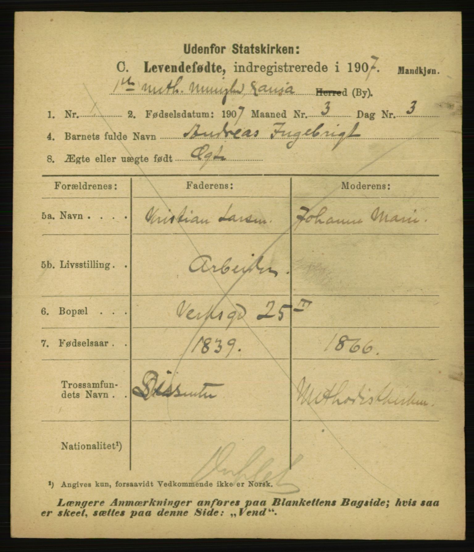 Statistisk sentralbyrå, Sosiodemografiske emner, Befolkning, AV/RA-S-2228/E/L0005: Fødte, gifte, døde dissentere., 1907, p. 3059