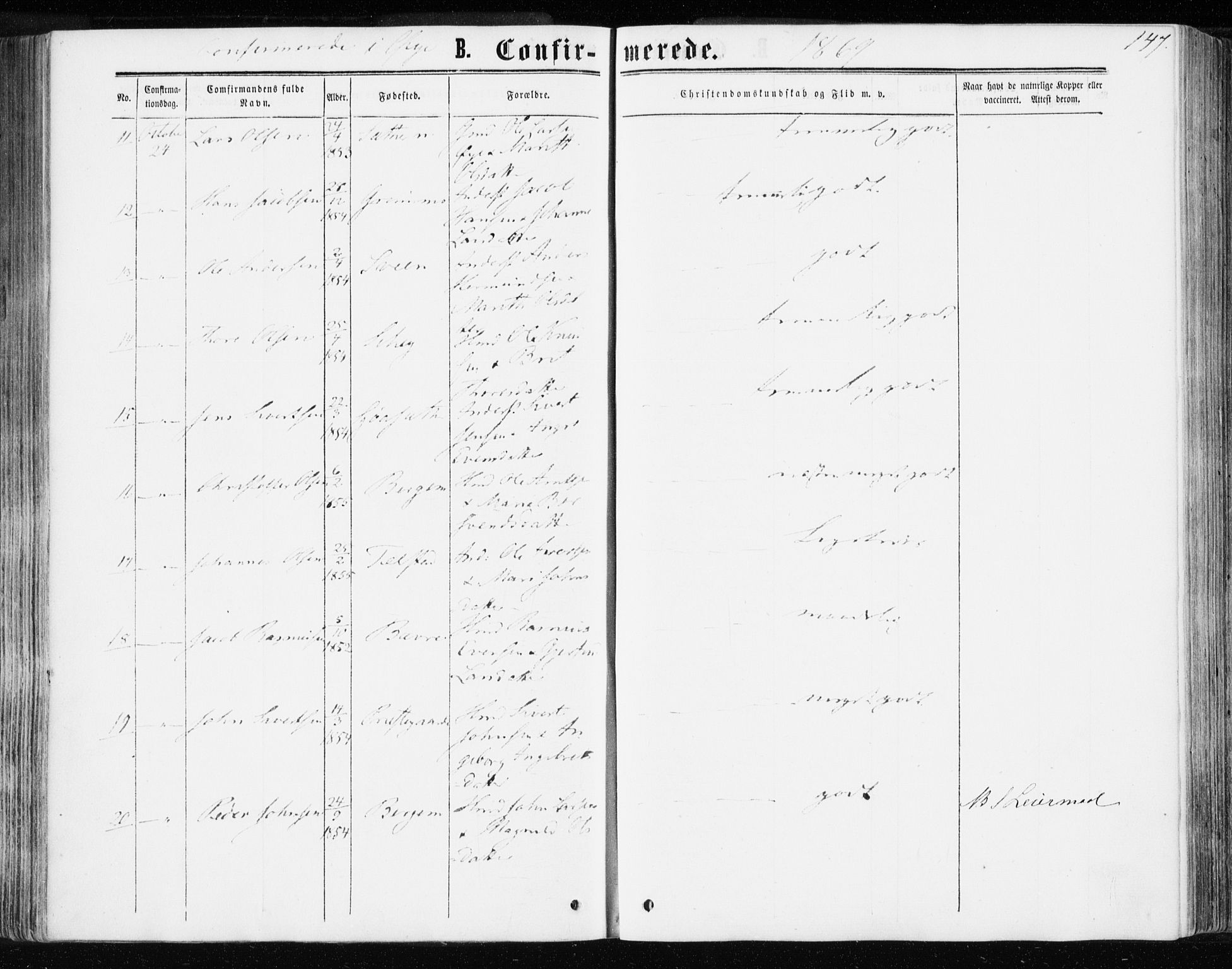 Ministerialprotokoller, klokkerbøker og fødselsregistre - Møre og Romsdal, AV/SAT-A-1454/595/L1045: Parish register (official) no. 595A07, 1863-1873, p. 147