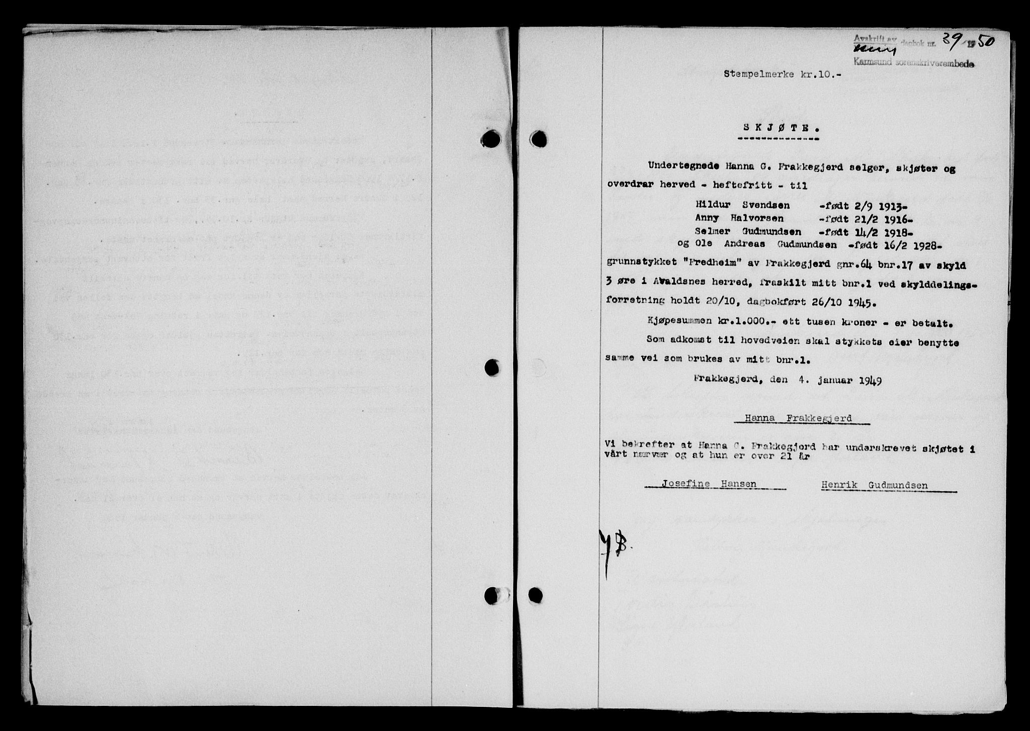 Karmsund sorenskriveri, SAST/A-100311/01/II/IIB/L0098: Mortgage book no. 78A, 1949-1950, Diary no: : 39/1950
