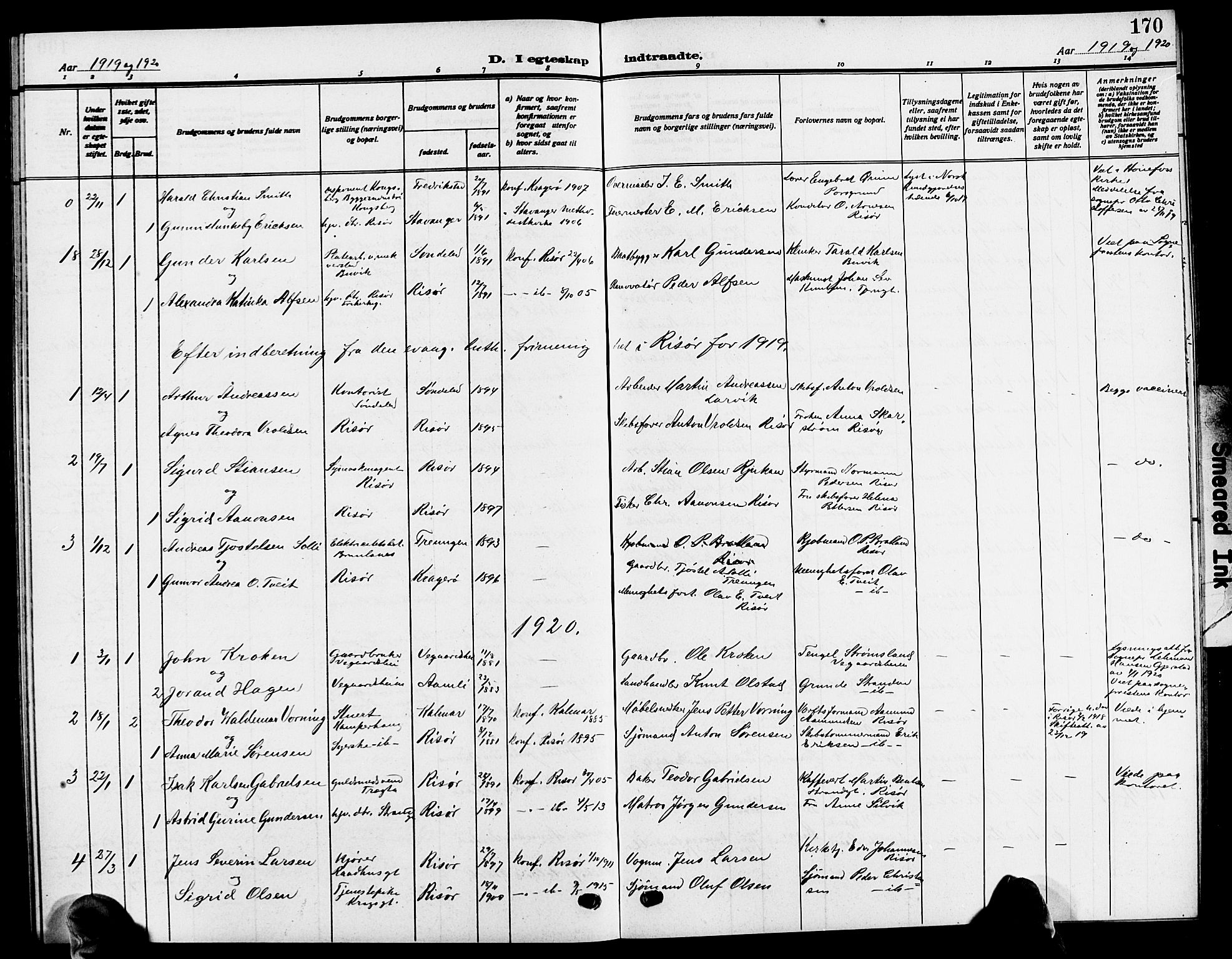 Risør sokneprestkontor, SAK/1111-0035/F/Fb/L0008: Parish register (copy) no. B 8, 1909-1921, p. 170
