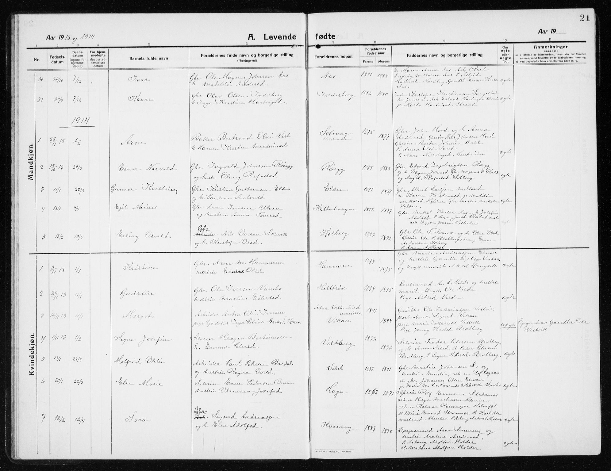 Ministerialprotokoller, klokkerbøker og fødselsregistre - Nord-Trøndelag, SAT/A-1458/741/L0402: Parish register (copy) no. 741C03, 1911-1926, p. 21