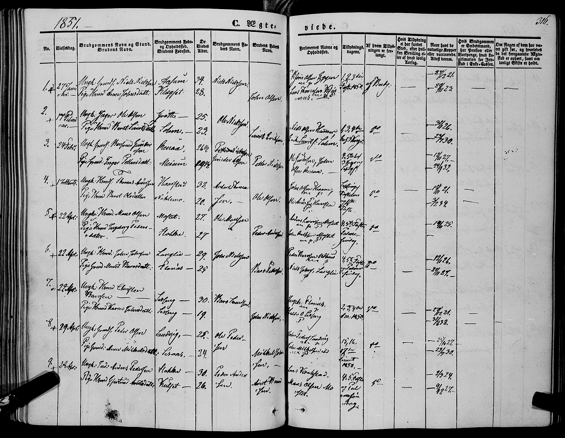 Ministerialprotokoller, klokkerbøker og fødselsregistre - Sør-Trøndelag, SAT/A-1456/695/L1145: Parish register (official) no. 695A06 /1, 1843-1859, p. 316