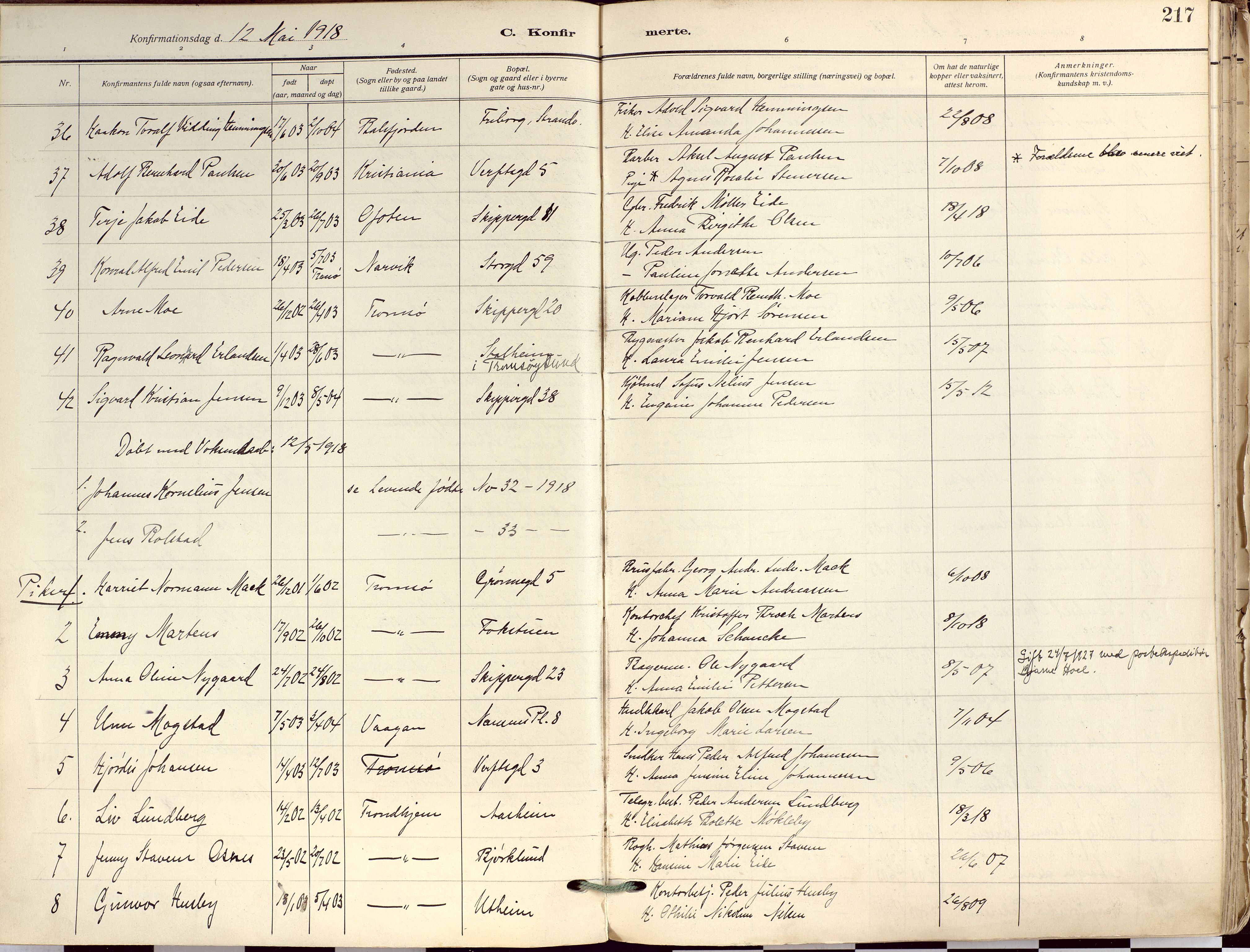 Tromsø sokneprestkontor/stiftsprosti/domprosti, AV/SATØ-S-1343/G/Ga/L0019kirke: Parish register (official) no. 19, 1917-1927, p. 217