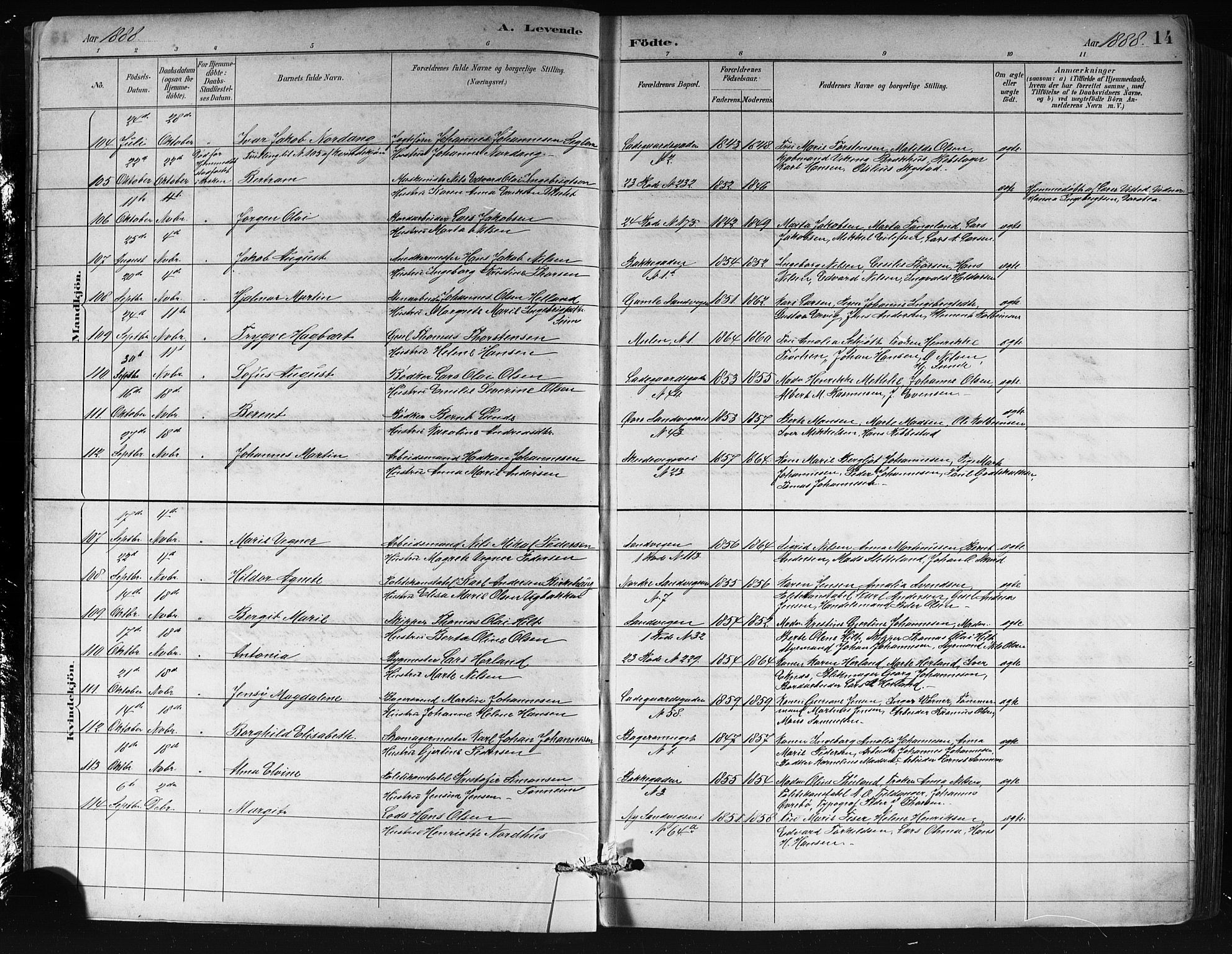 Sandviken Sokneprestembete, AV/SAB-A-77601/H/Hb/L0002: Parish register (copy) no. A 3, 1888-1902, p. 14