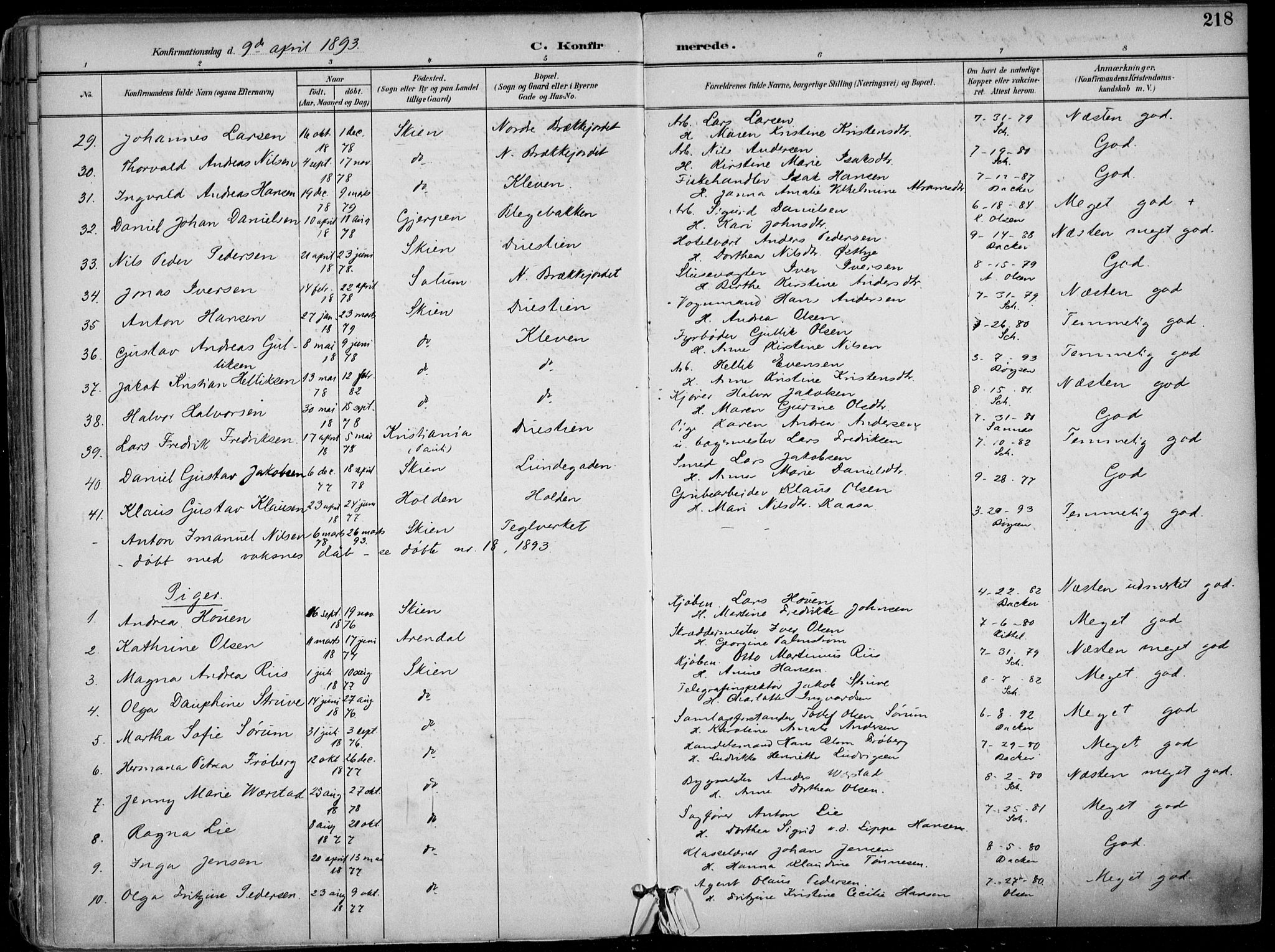 Skien kirkebøker, SAKO/A-302/F/Fa/L0010: Parish register (official) no. 10, 1891-1899, p. 218