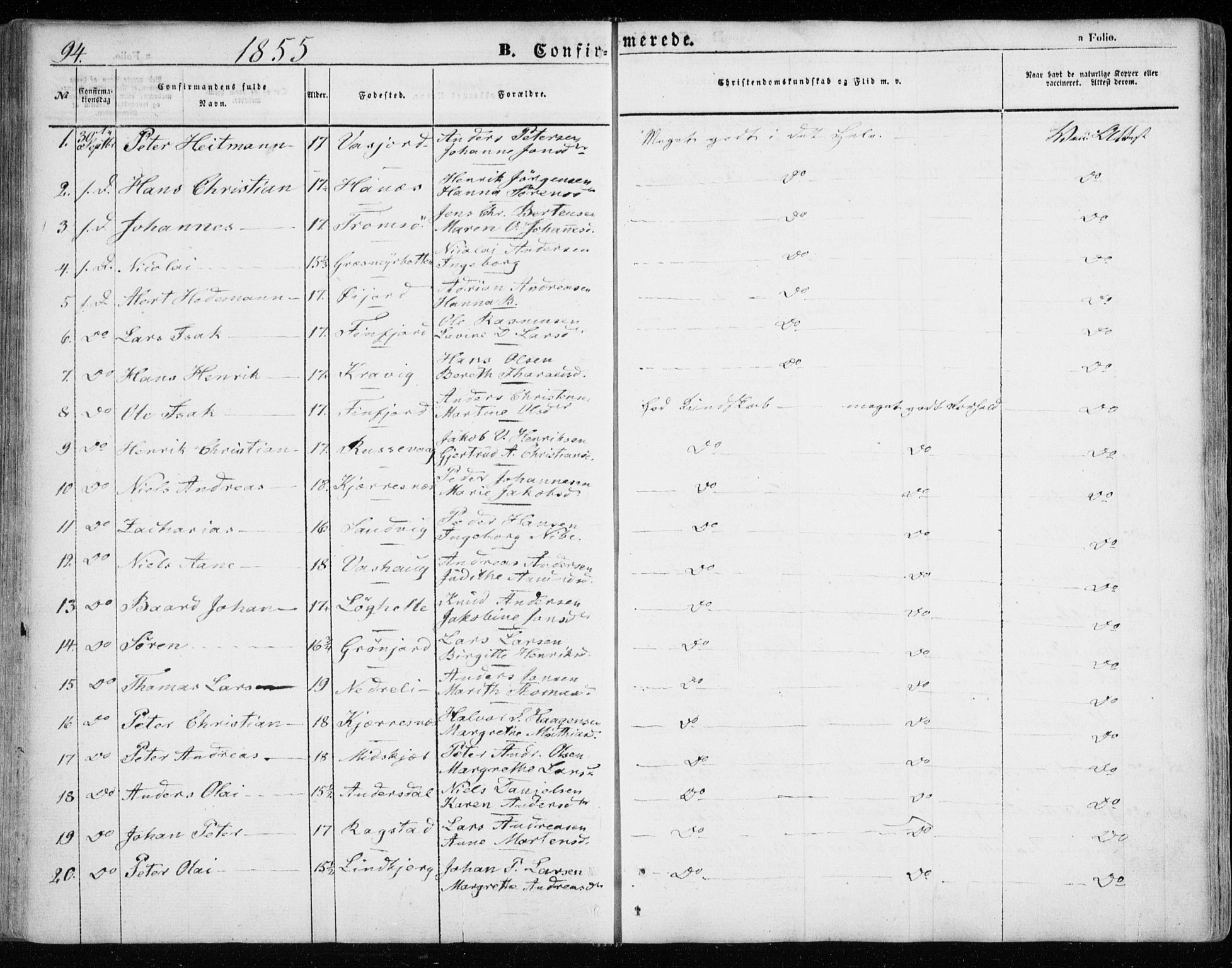 Lenvik sokneprestembete, SATØ/S-1310/H/Ha/Haa/L0007kirke: Parish register (official) no. 7, 1855-1865, p. 94