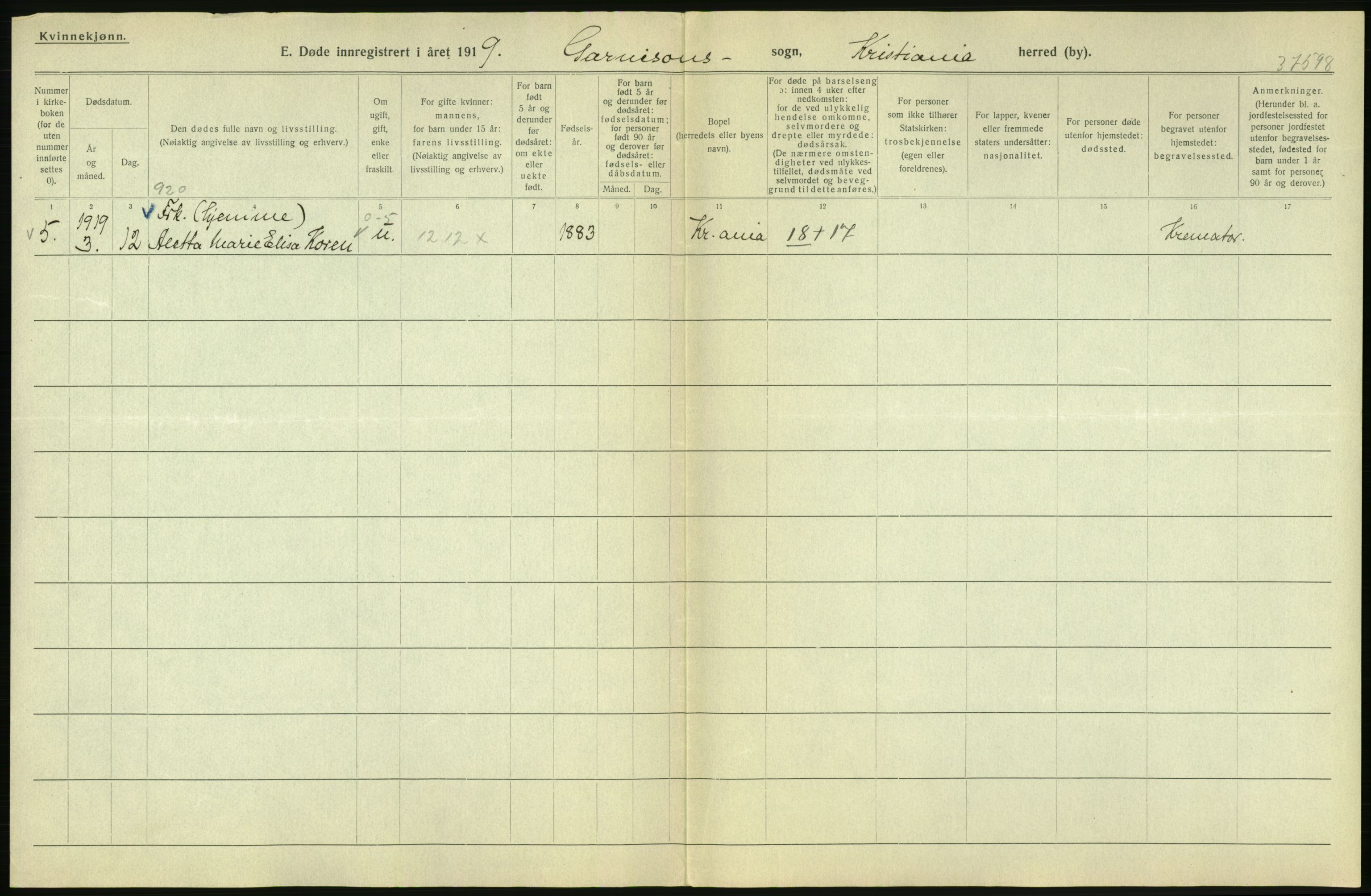 Statistisk sentralbyrå, Sosiodemografiske emner, Befolkning, RA/S-2228/D/Df/Dfb/Dfbi/L0010: Kristiania: Døde, 1919, p. 756