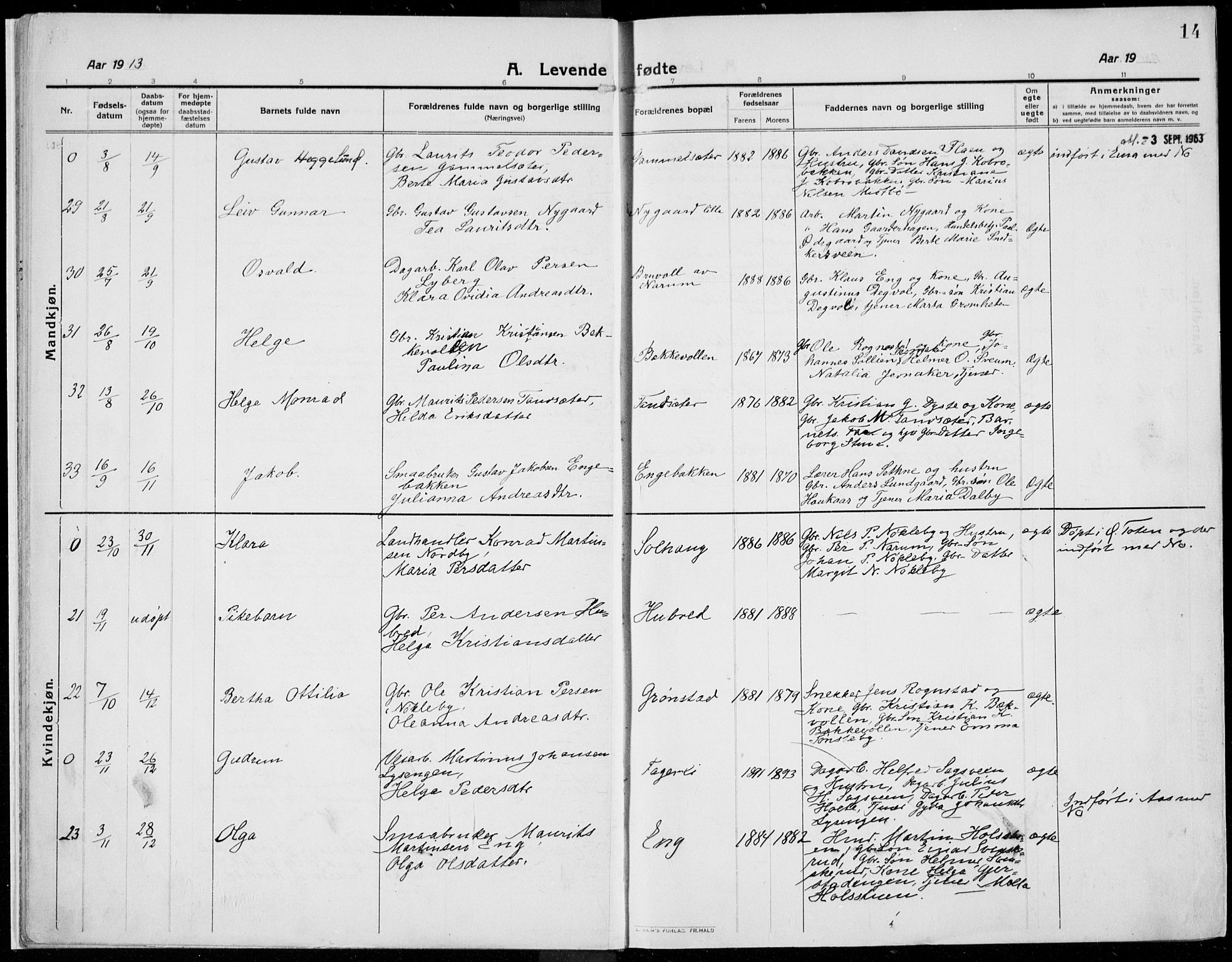 Kolbu prestekontor, AV/SAH-PREST-110/H/Ha/Haa/L0002: Parish register (official) no. 2, 1912-1926, p. 14