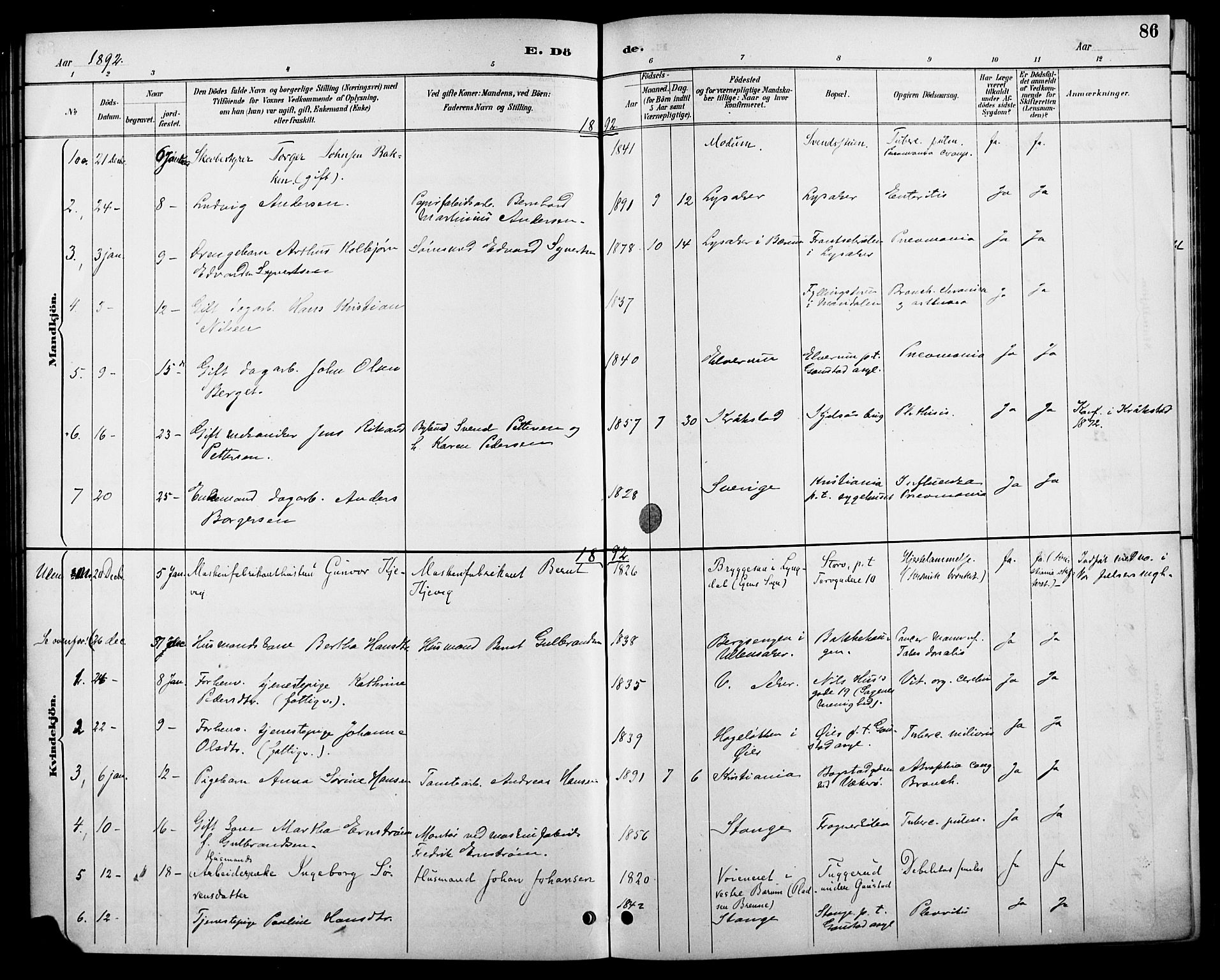 Vestre Aker prestekontor Kirkebøker, SAO/A-10025/F/Fa/L0011: Parish register (official) no. 11, 1886-1904, p. 86