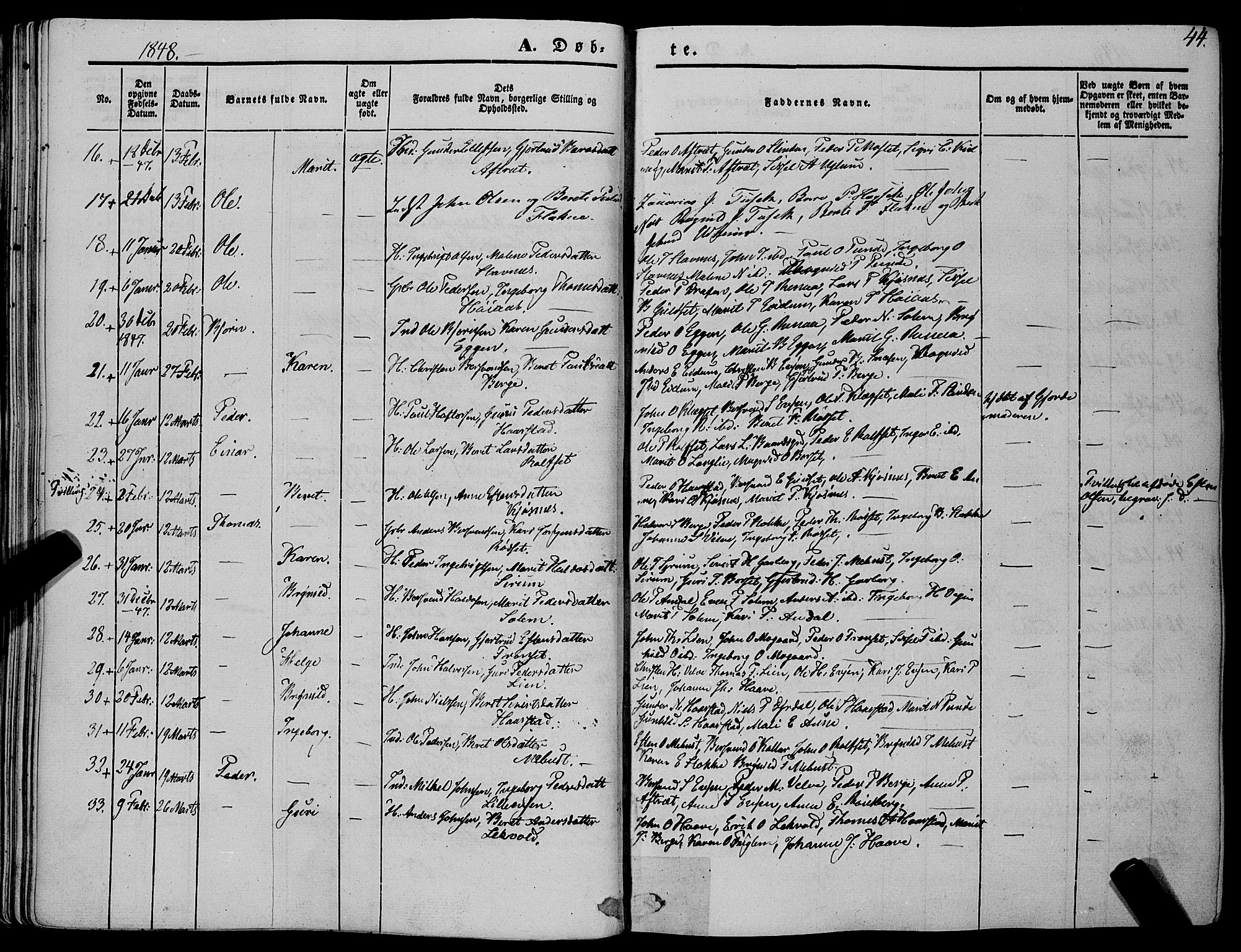 Ministerialprotokoller, klokkerbøker og fødselsregistre - Sør-Trøndelag, SAT/A-1456/695/L1145: Parish register (official) no. 695A06 /1, 1843-1859, p. 44
