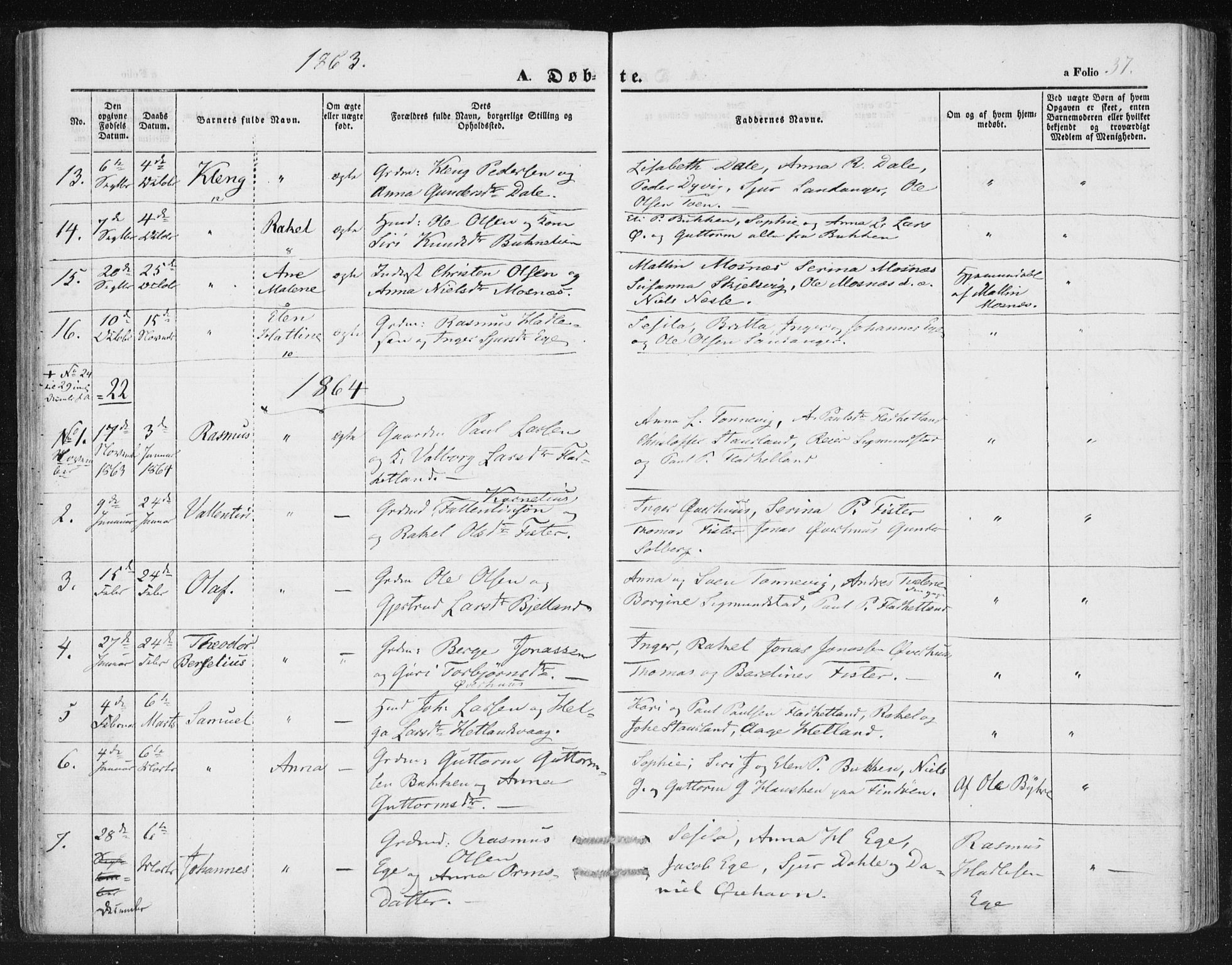 Hjelmeland sokneprestkontor, SAST/A-101843/01/IV/L0010: Parish register (official) no. A 10, 1851-1871, p. 37