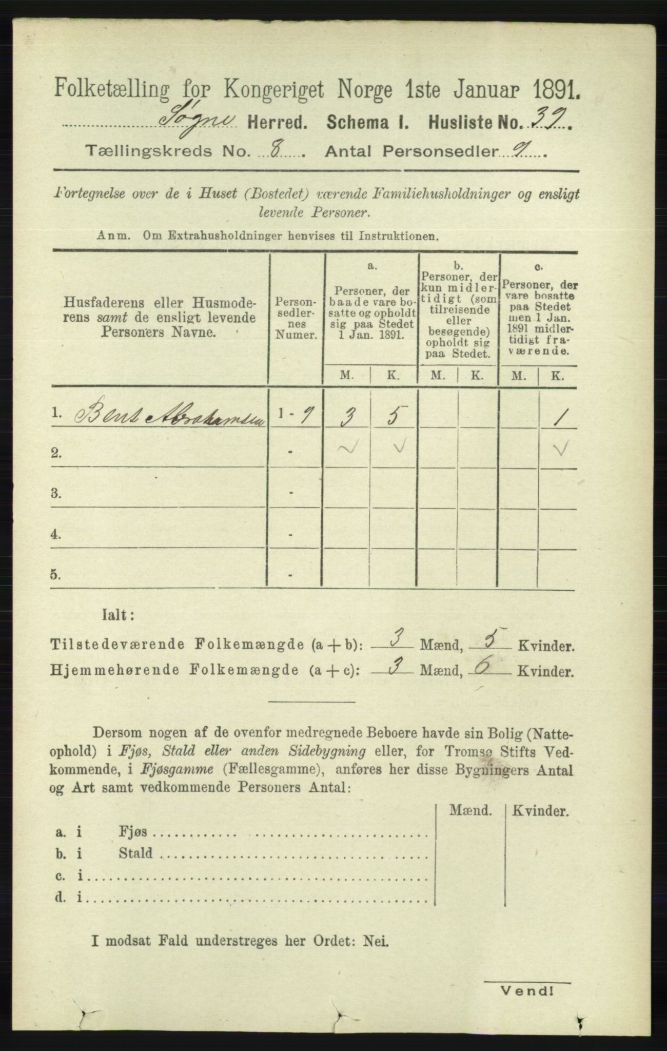 RA, 1891 census for 1018 Søgne, 1891, p. 2206