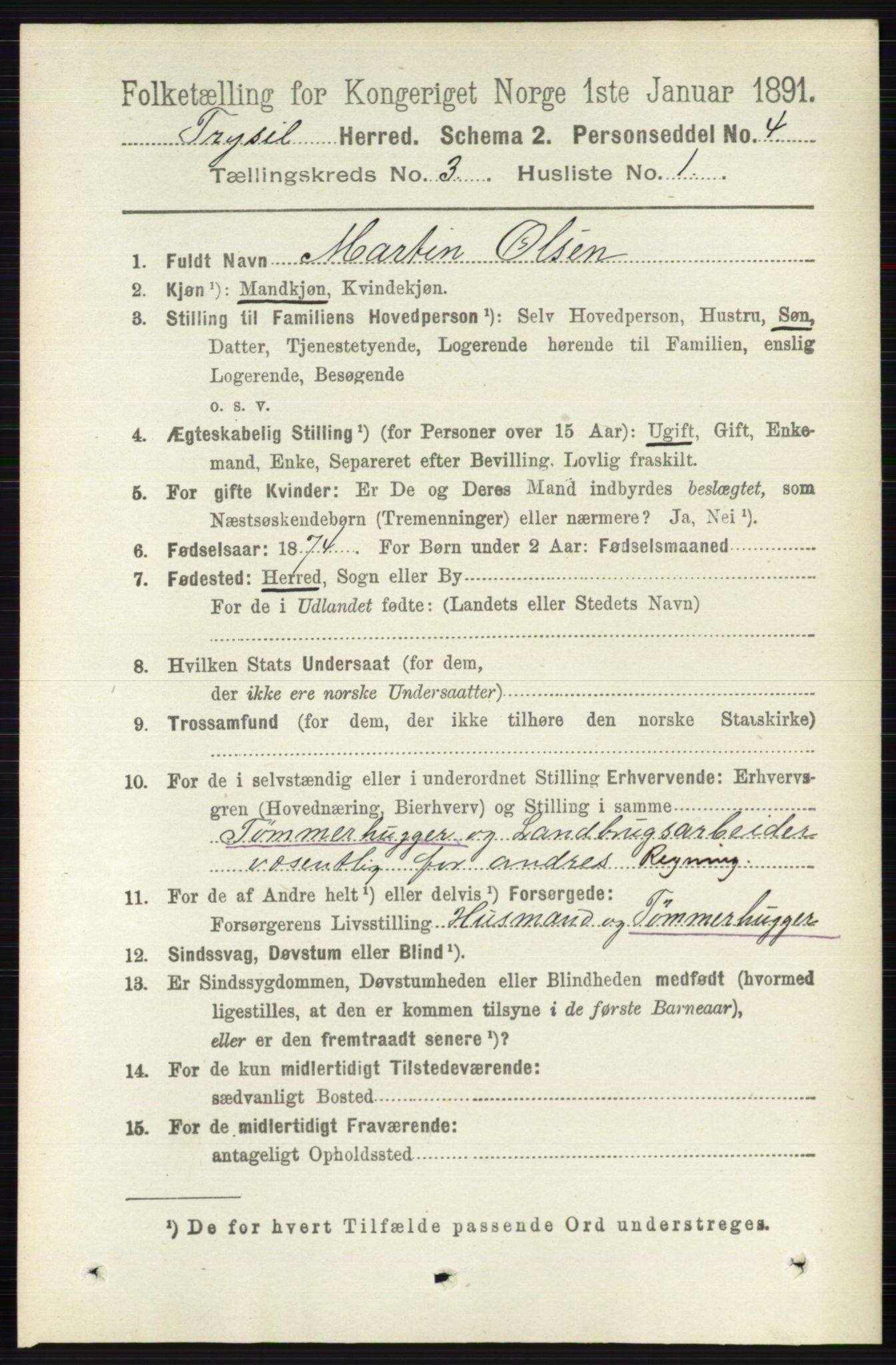 RA, 1891 census for 0428 Trysil, 1891, p. 1326