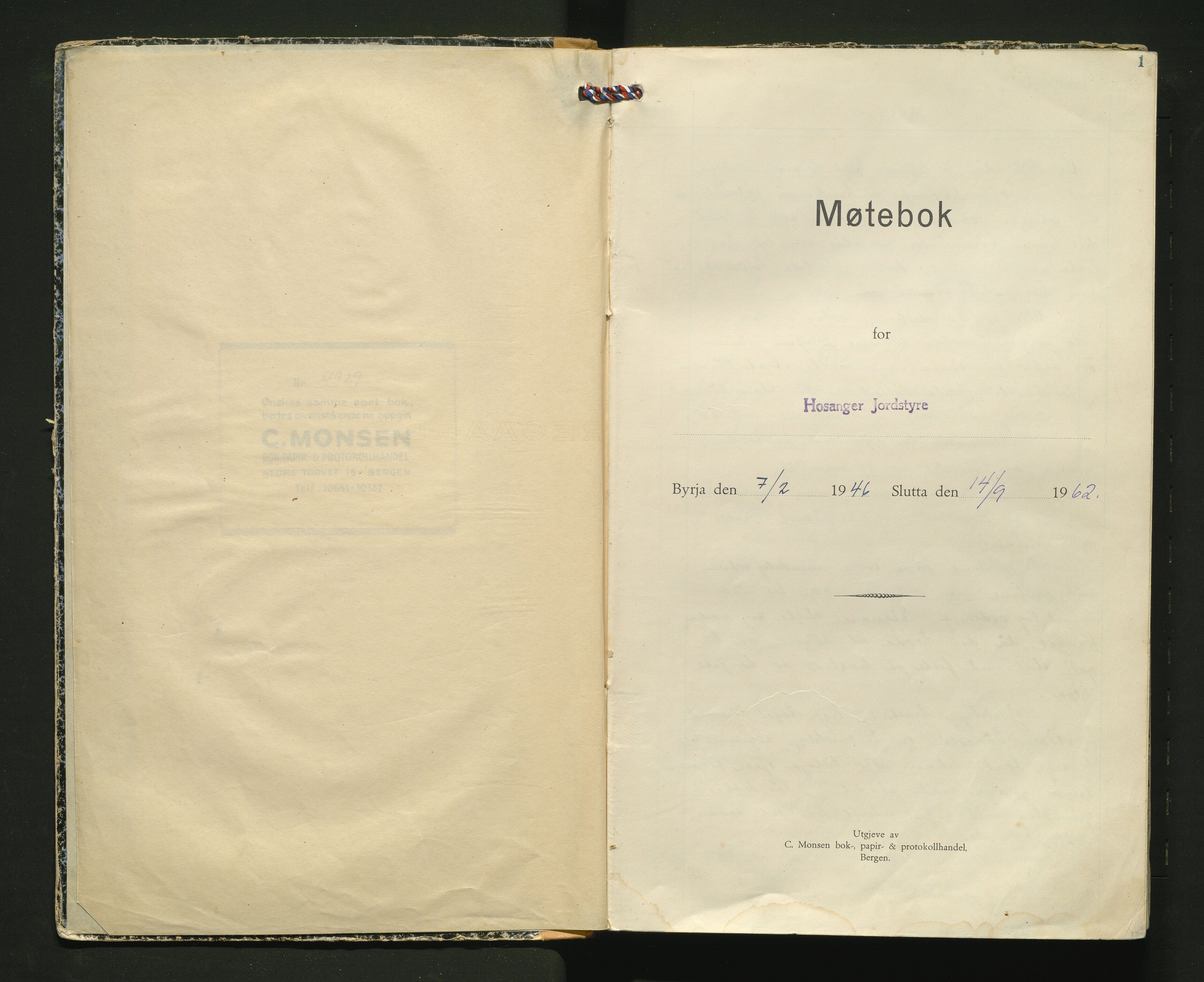 Hosanger kommune. Næringsnemnda/jordstyre, IKAH/1253a-621/A/Aa/L0004: Møtebok for Hosanger jordstyre, 1946-1962