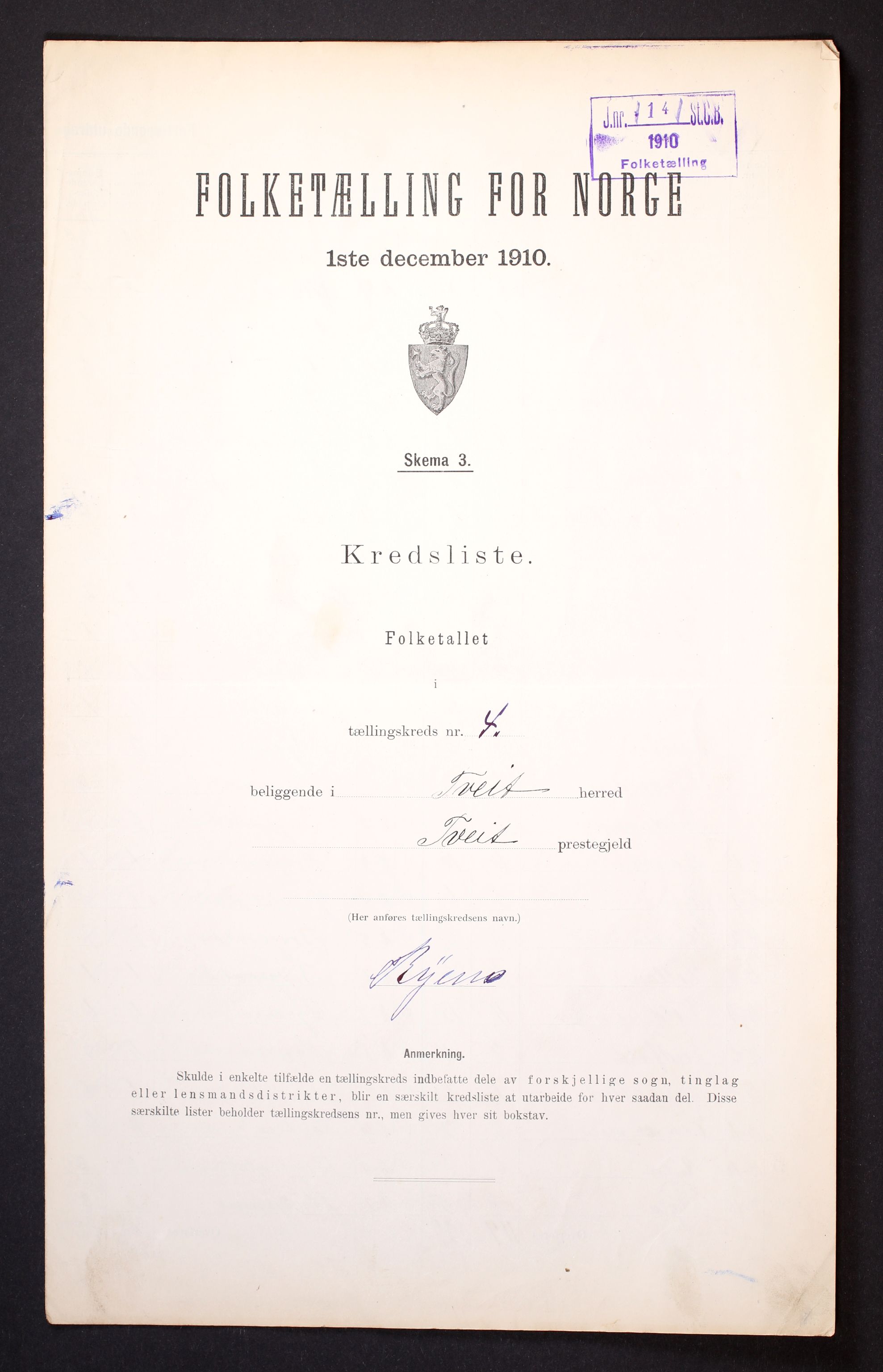 RA, 1910 census for Tveit, 1910, p. 14