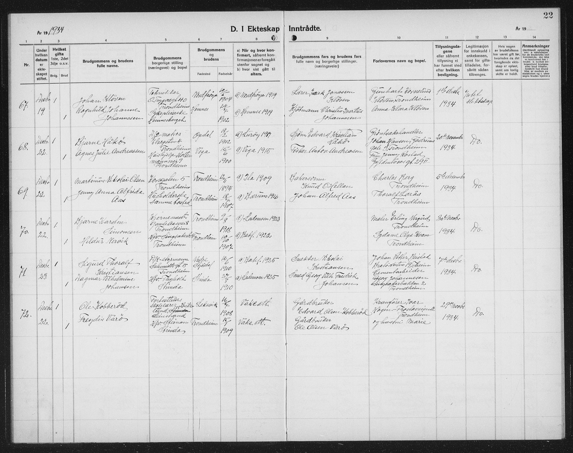 Ministerialprotokoller, klokkerbøker og fødselsregistre - Sør-Trøndelag, SAT/A-1456/602/L0152: Parish register (copy) no. 602C20, 1933-1940, p. 22