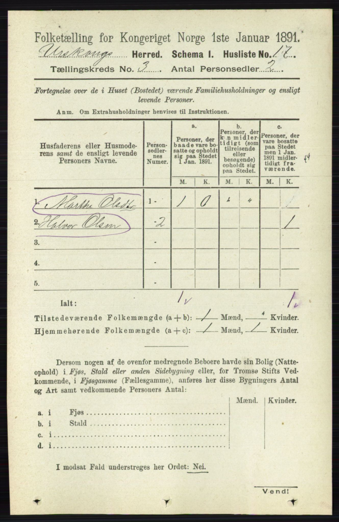 RA, 1891 census for 0224 Aurskog, 1891, p. 374