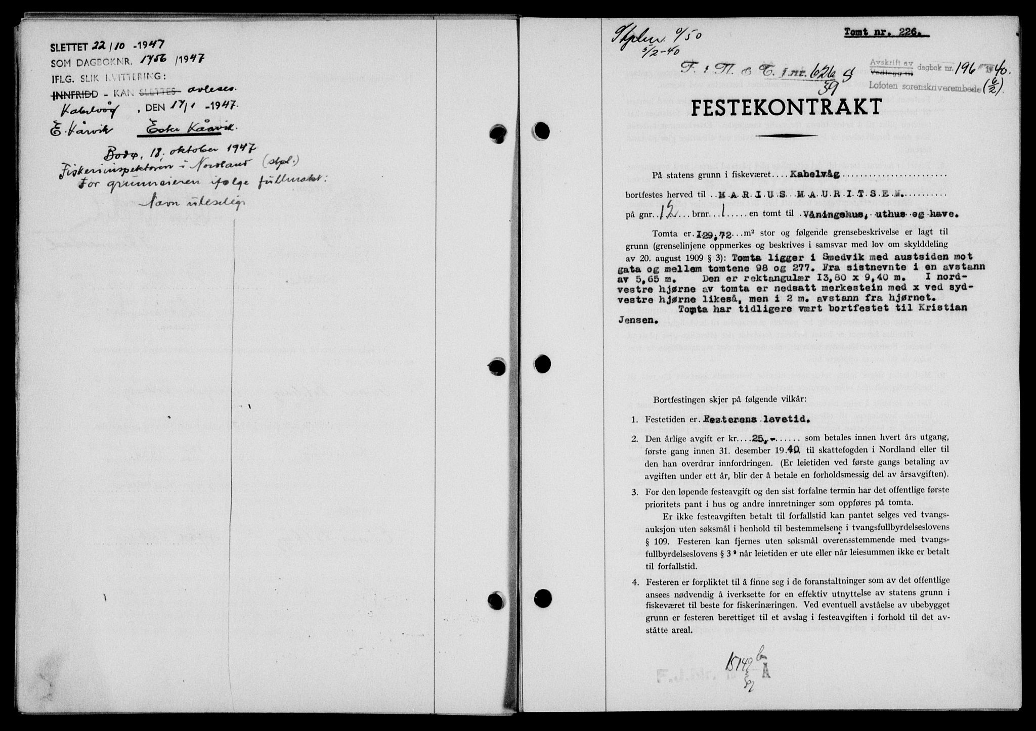 Lofoten sorenskriveri, SAT/A-0017/1/2/2C/L0007a: Mortgage book no. 7a, 1939-1940, Diary no: : 196/1940