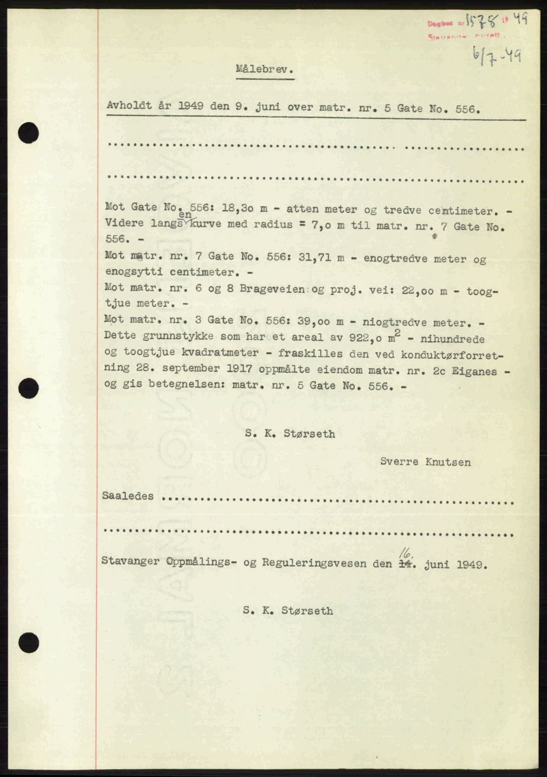 Stavanger byrett, SAST/A-100455/002/G/Gb/L0023: Mortgage book no. A12, 1948-1949, Diary no: : 1578/1949