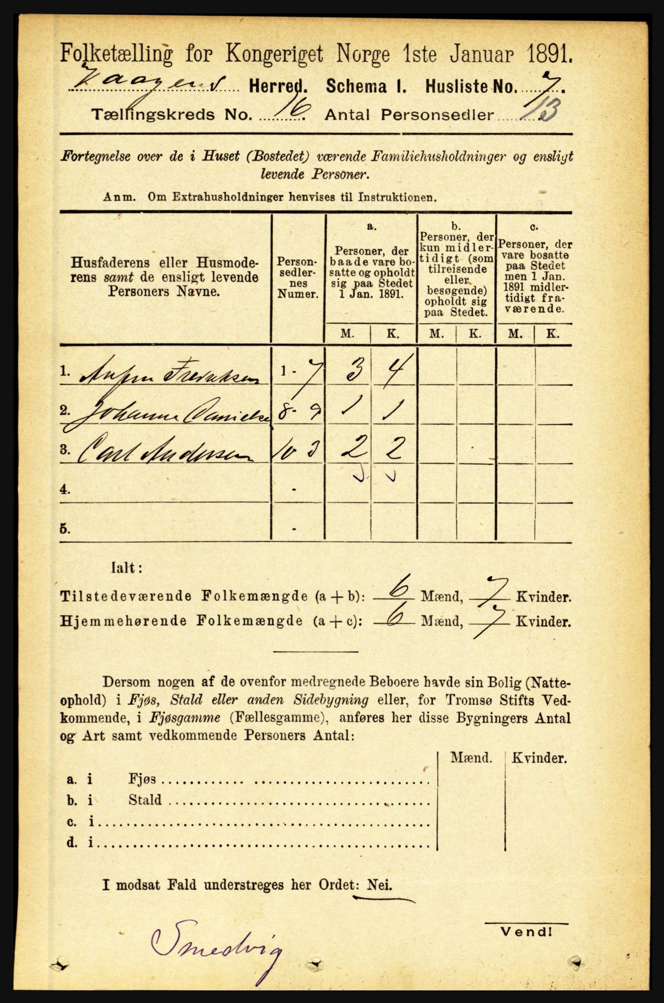 RA, 1891 census for 1865 Vågan, 1891, p. 4522