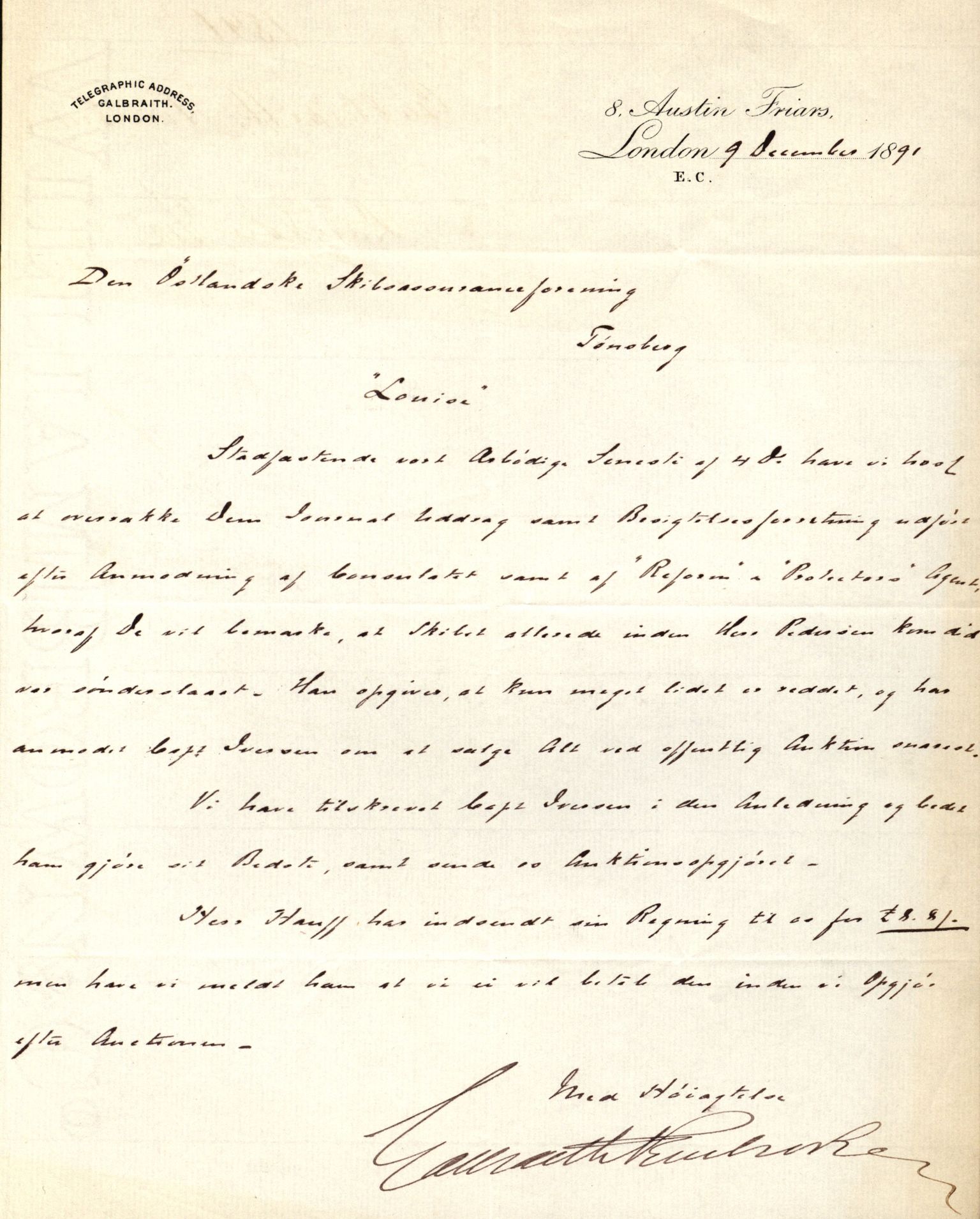 Pa 63 - Østlandske skibsassuranceforening, VEMU/A-1079/G/Ga/L0027/0011: Havaridokumenter / Louise, Lucie, Falcon, Ingeborg av Laurvig, Imperator, 1891, p. 7