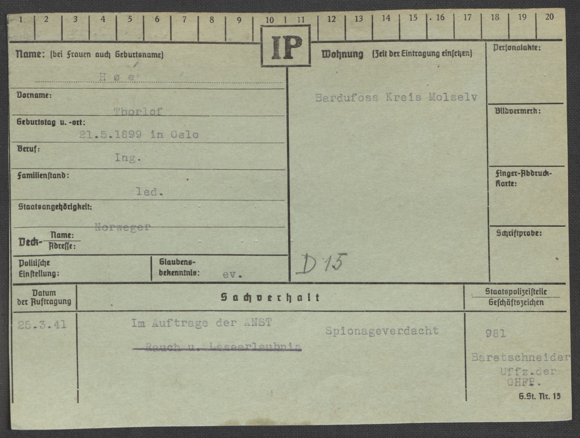 Befehlshaber der Sicherheitspolizei und des SD, RA/RAFA-5969/E/Ea/Eaa/L0005: Register over norske fanger i Møllergata 19: Hø-Kj, 1940-1945, p. 2