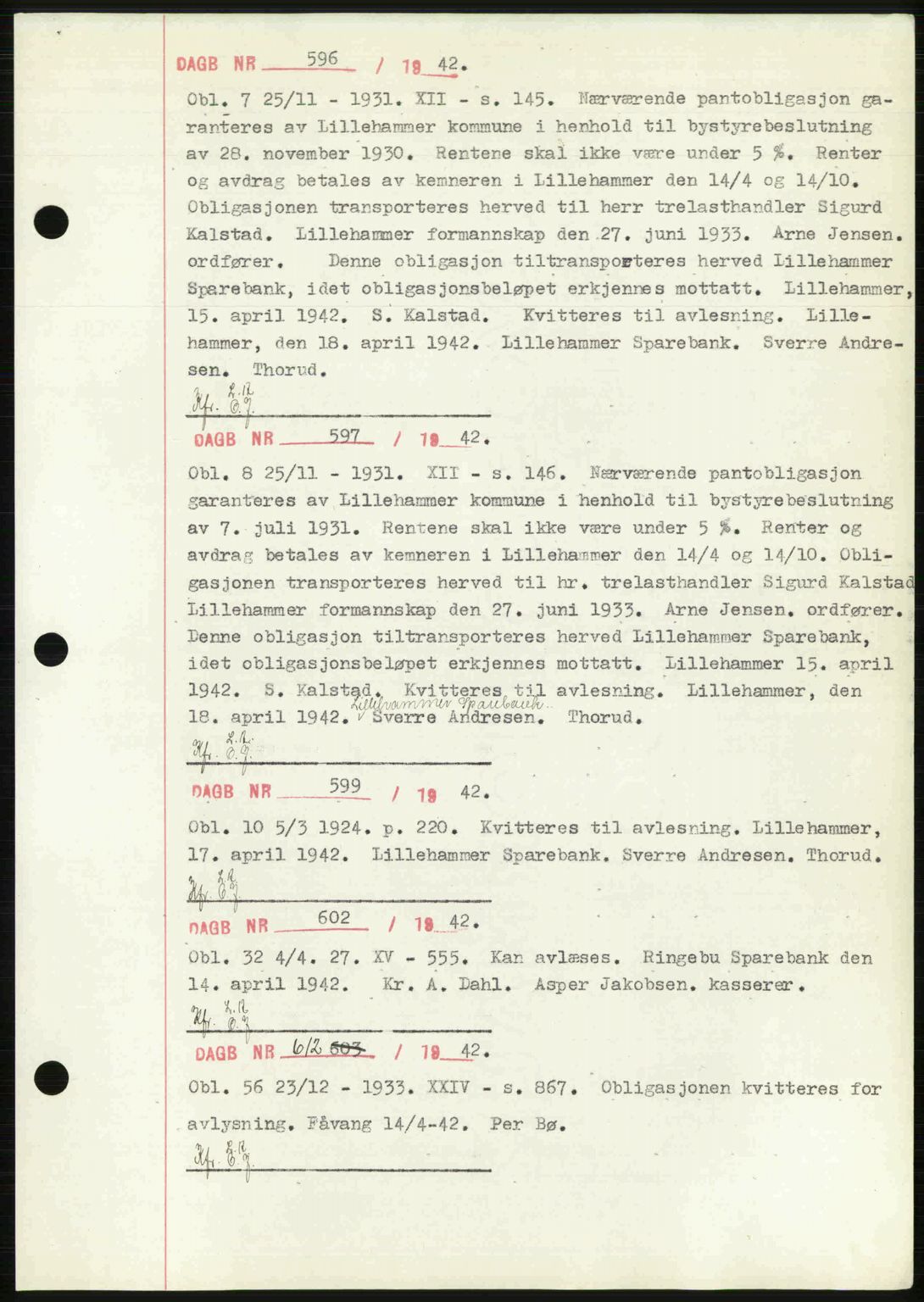 Sør-Gudbrandsdal tingrett, SAH/TING-004/H/Hb/Hbf/L0002: Mortgage book no. C1, 1938-1951, Diary no: : 596/1942