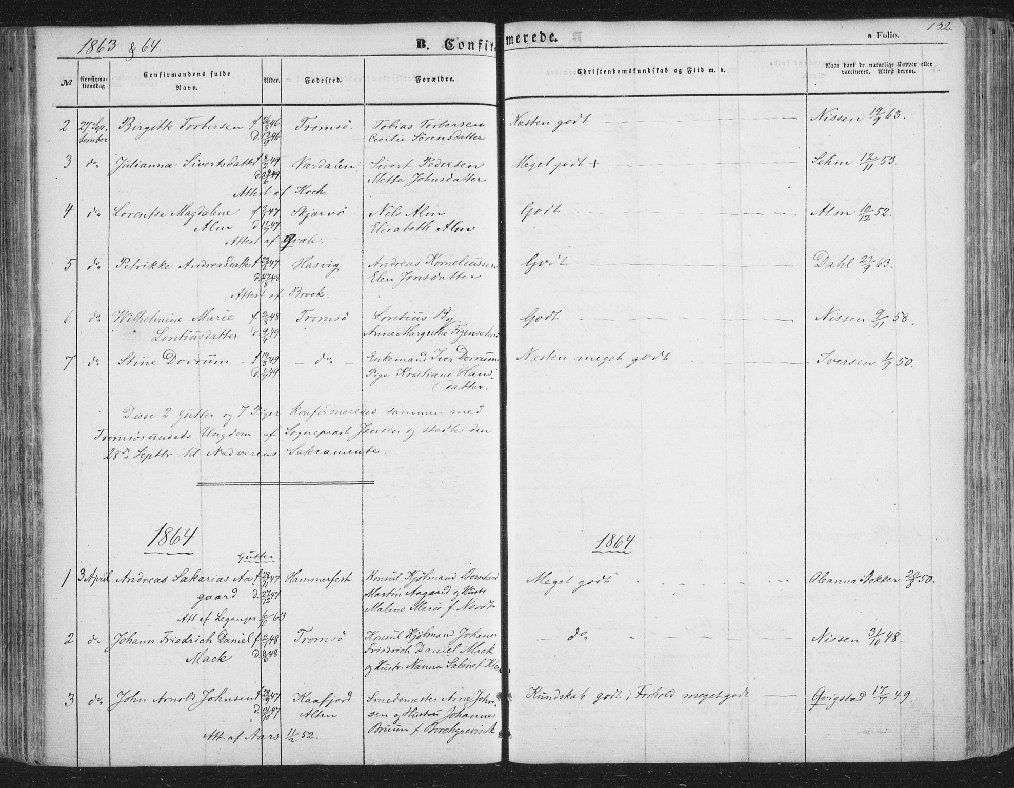 Tromsø sokneprestkontor/stiftsprosti/domprosti, AV/SATØ-S-1343/G/Ga/L0011kirke: Parish register (official) no. 11, 1856-1865, p. 132