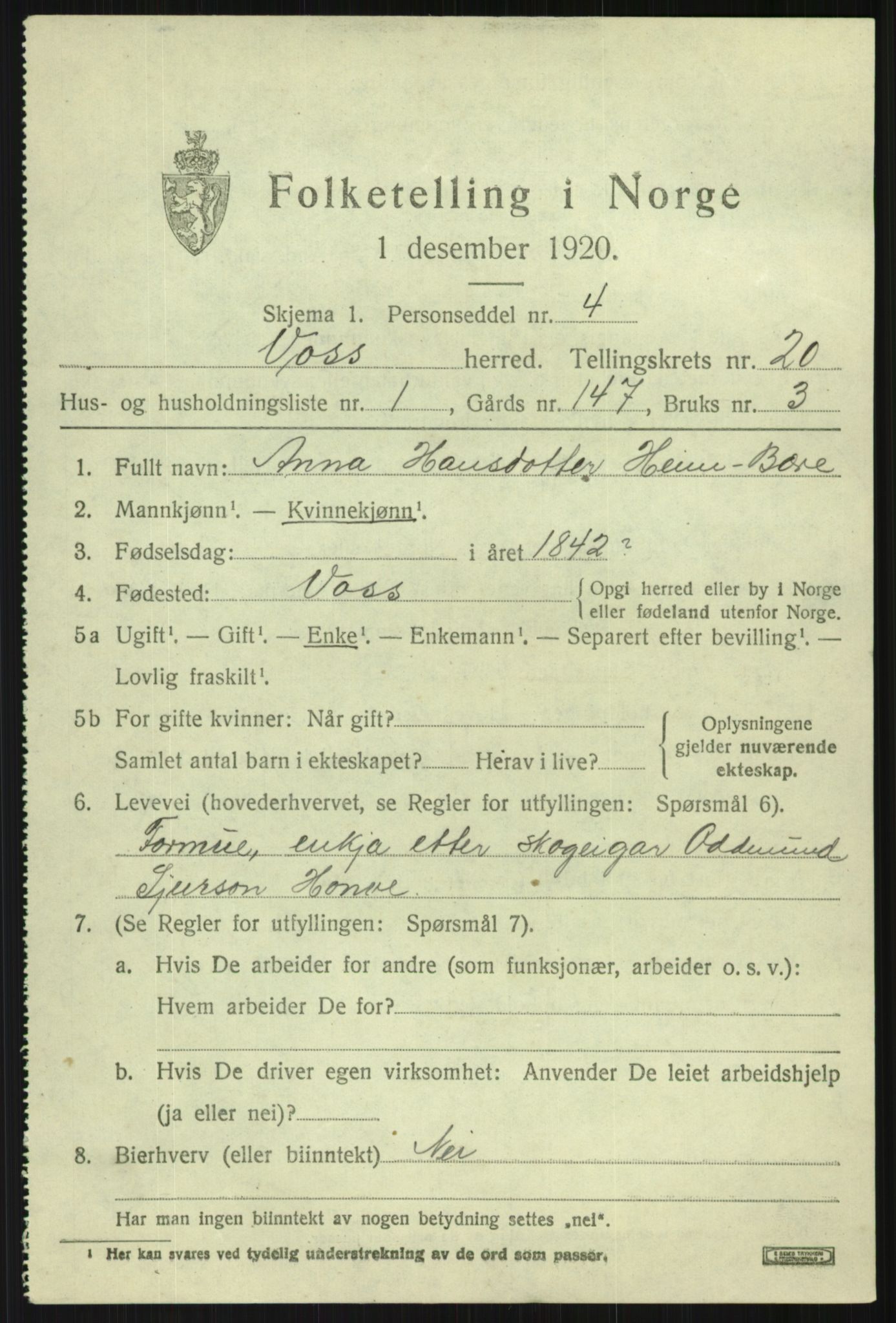 SAB, 1920 census for Voss, 1920, p. 14735