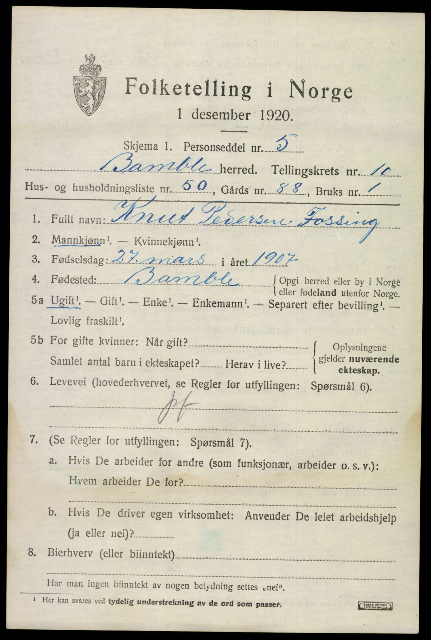 SAKO, 1920 census for Bamble, 1920, p. 8791