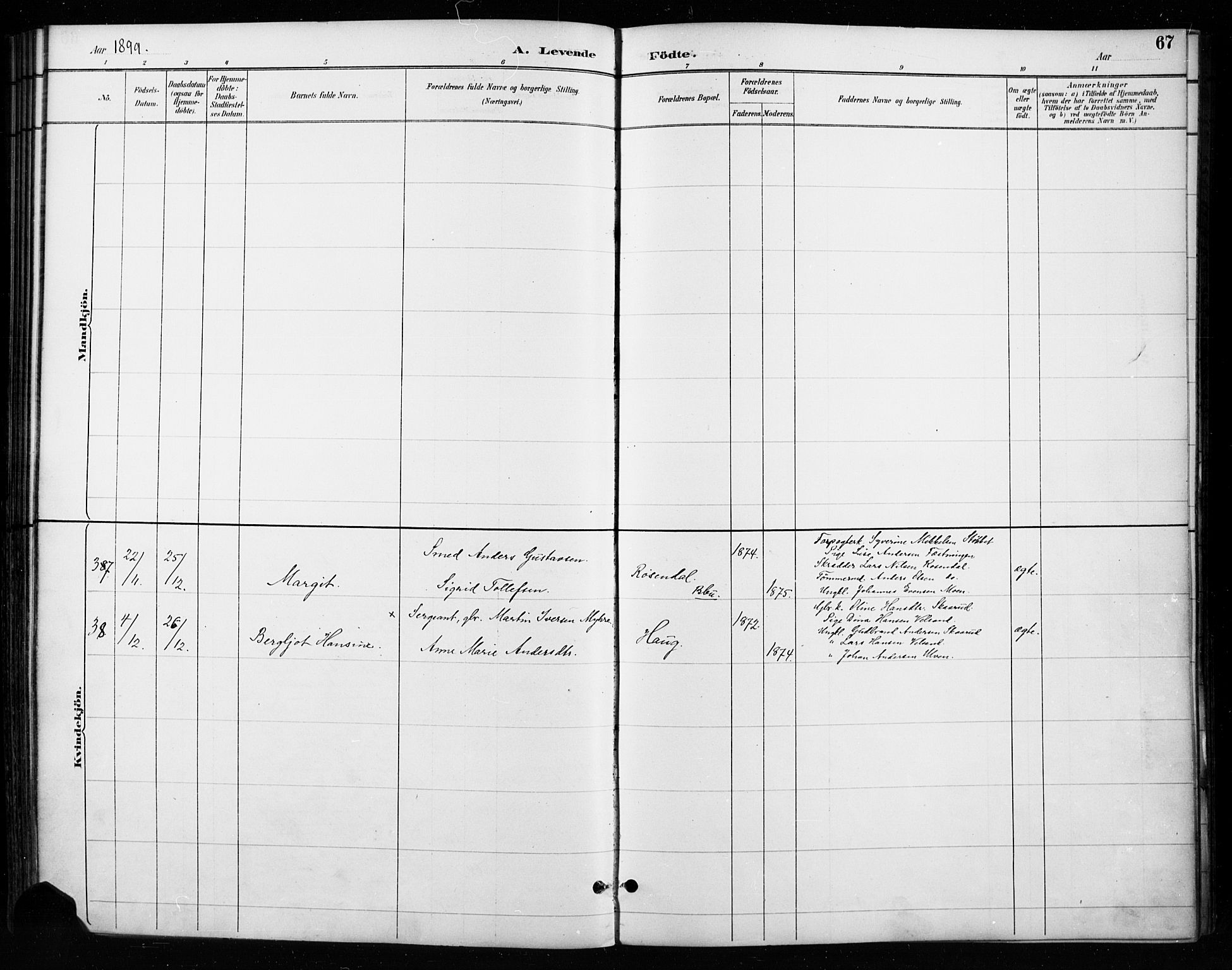 Gran prestekontor, SAH/PREST-112/H/Ha/Haa/L0018: Parish register (official) no. 18, 1889-1899, p. 67
