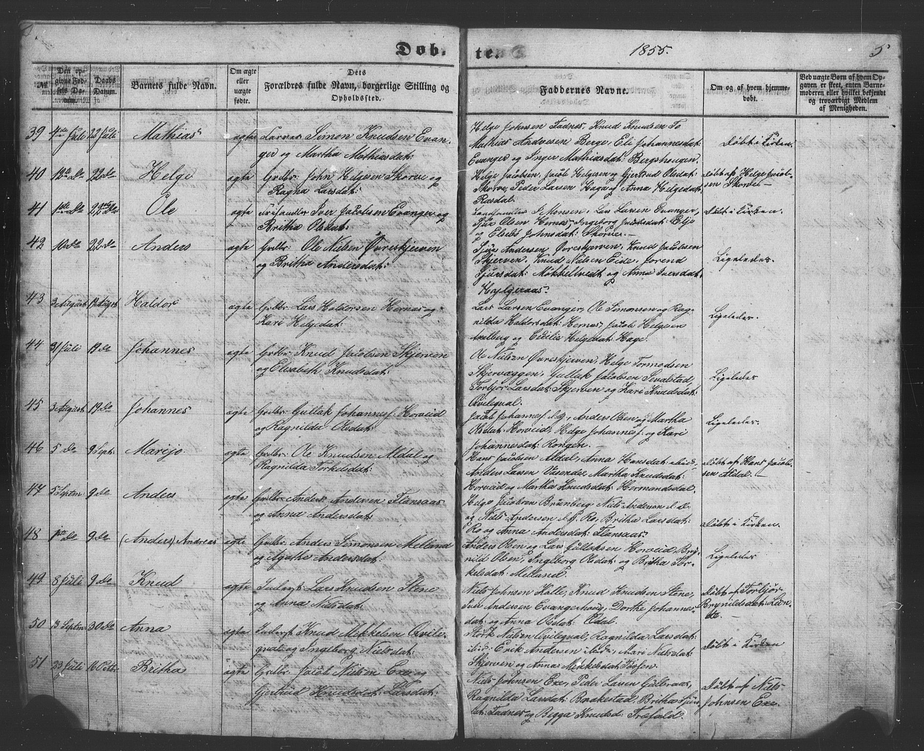 Evanger sokneprestembete, AV/SAB-A-99924: Parish register (copy) no. A 1, 1855-1864, p. 5