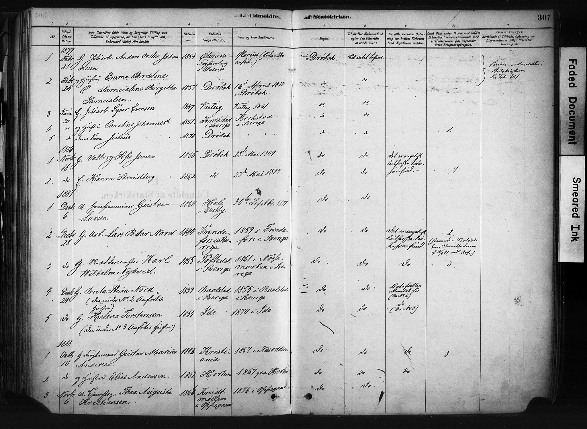 Drøbak prestekontor Kirkebøker, AV/SAO-A-10142a/F/Fb/L0001: Parish register (official) no. II 1, 1878-1891, p. 307