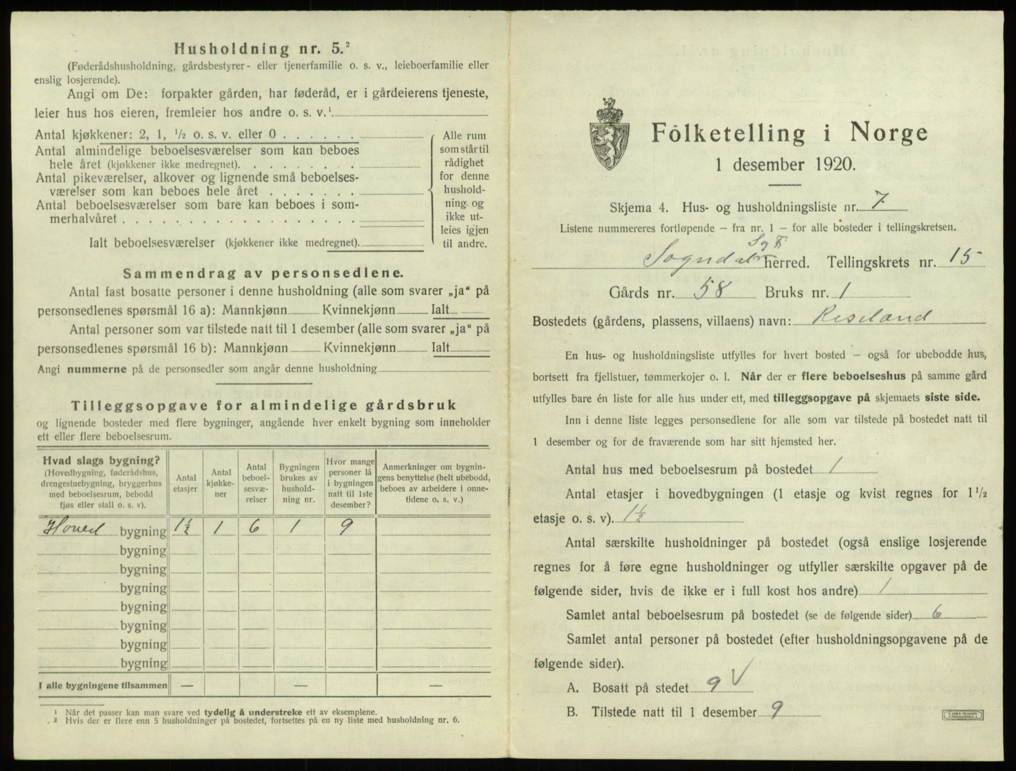 SAB, 1920 census for Sogndal, 1920, p. 825