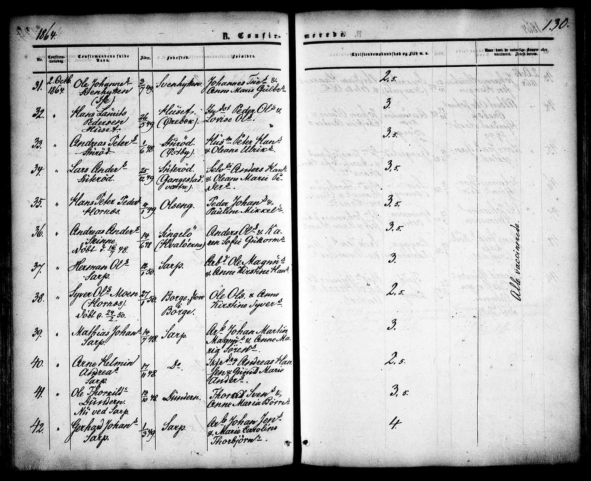 Skjeberg prestekontor Kirkebøker, SAO/A-10923/F/Fa/L0007: Parish register (official) no. I 7, 1859-1868, p. 130