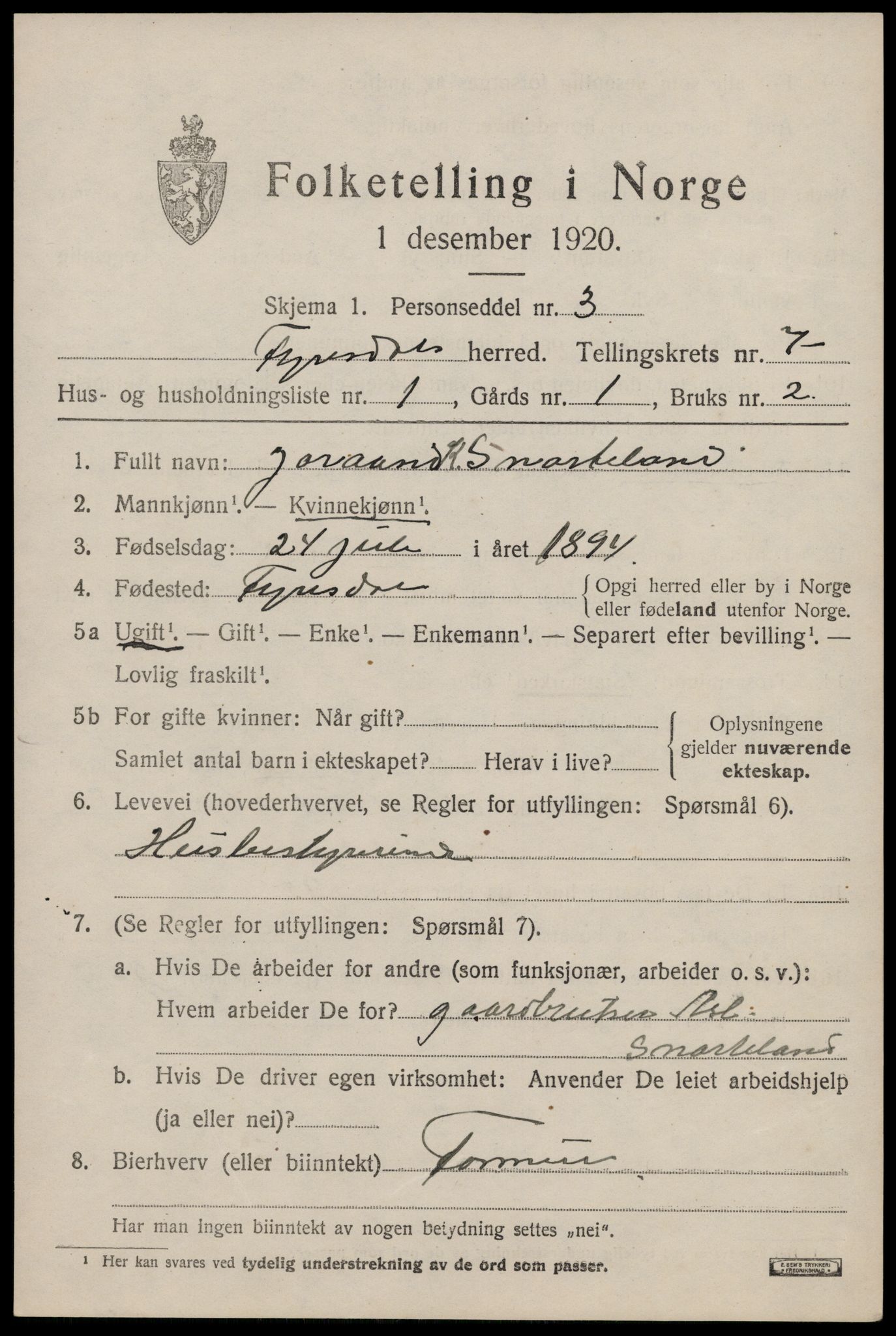 SAKO, 1920 census for Fyresdal, 1920, p. 2675