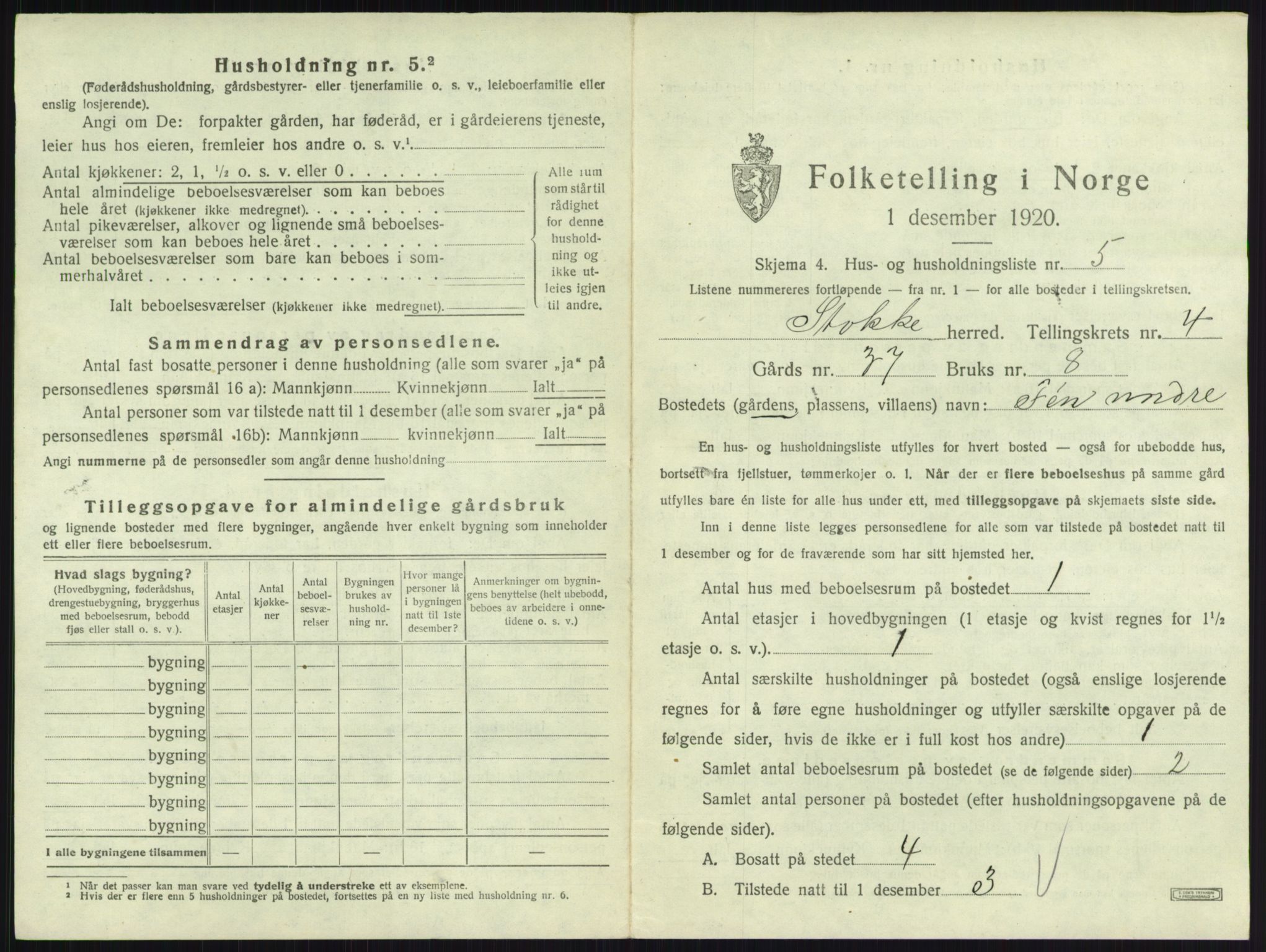 SAKO, 1920 census for Stokke, 1920, p. 814