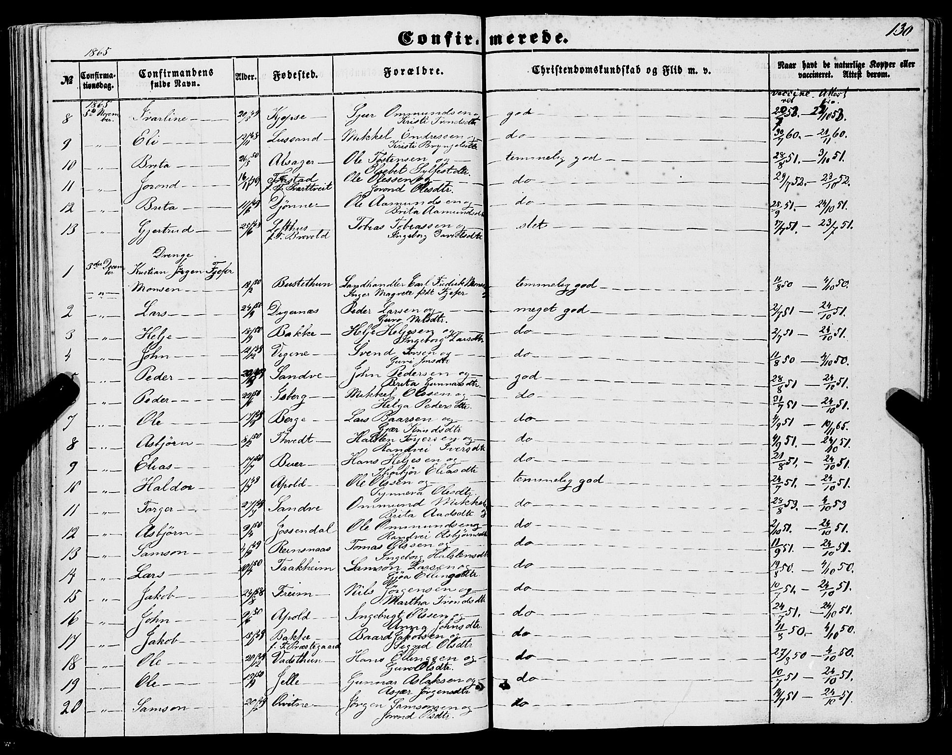 Ullensvang sokneprestembete, AV/SAB-A-78701/H/Haa: Parish register (official) no. A 11, 1854-1866, p. 130