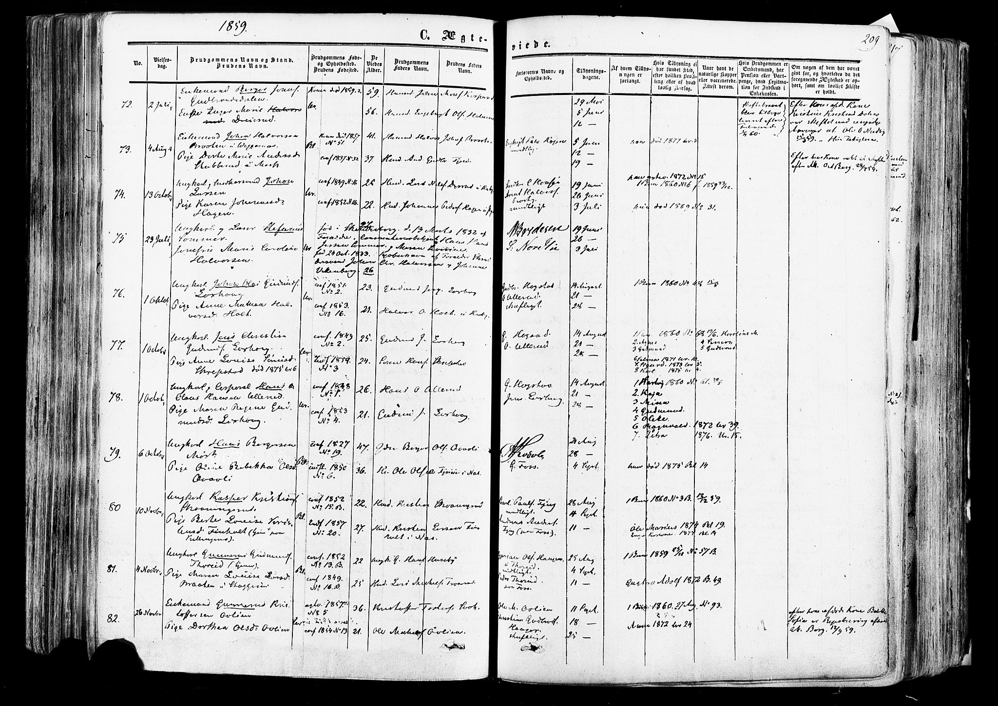 Aurskog prestekontor Kirkebøker, SAO/A-10304a/F/Fa/L0007: Parish register (official) no. I 7, 1854-1877, p. 209