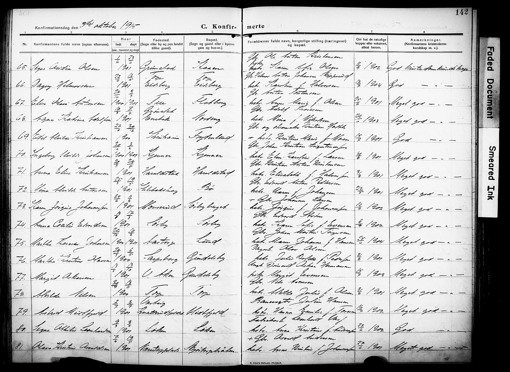 Rakkestad prestekontor Kirkebøker, SAO/A-2008/F/Fa/L0015: Parish register (official) no. I 15, 1909-1922, p. 142
