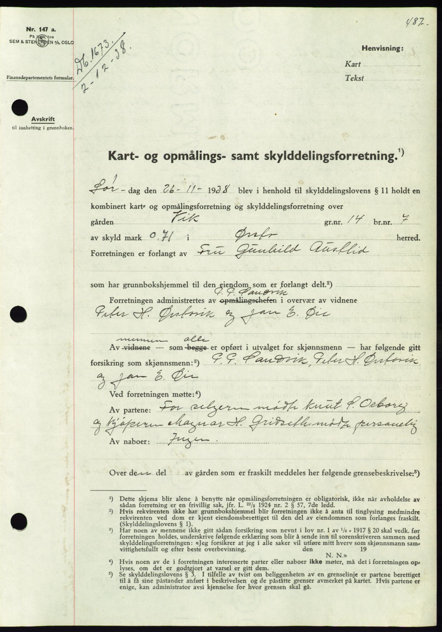 Søre Sunnmøre sorenskriveri, AV/SAT-A-4122/1/2/2C/L0066: Mortgage book no. 60, 1938-1938, Diary no: : 1673/1938