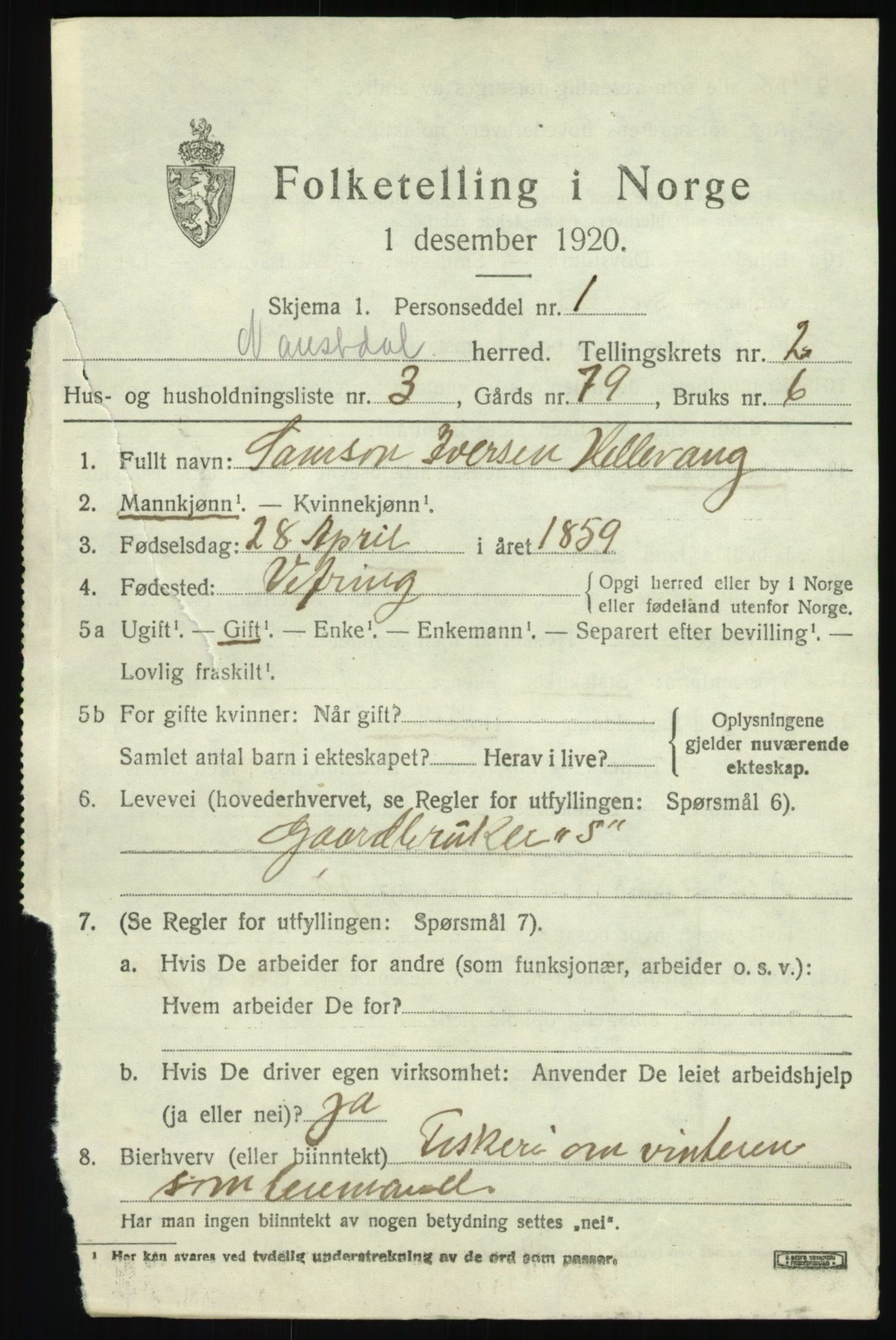 SAB, 1920 census for Naustdal, 1920, p. 1285